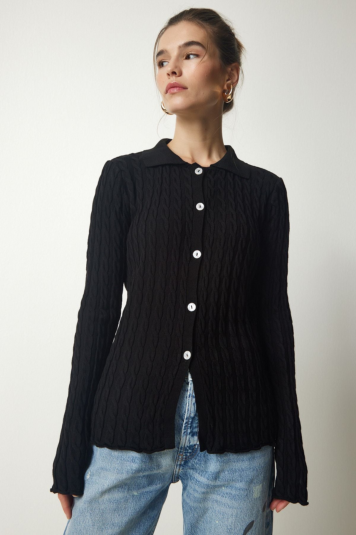 Female black polo collar knitted knitwear cardigan FN03117