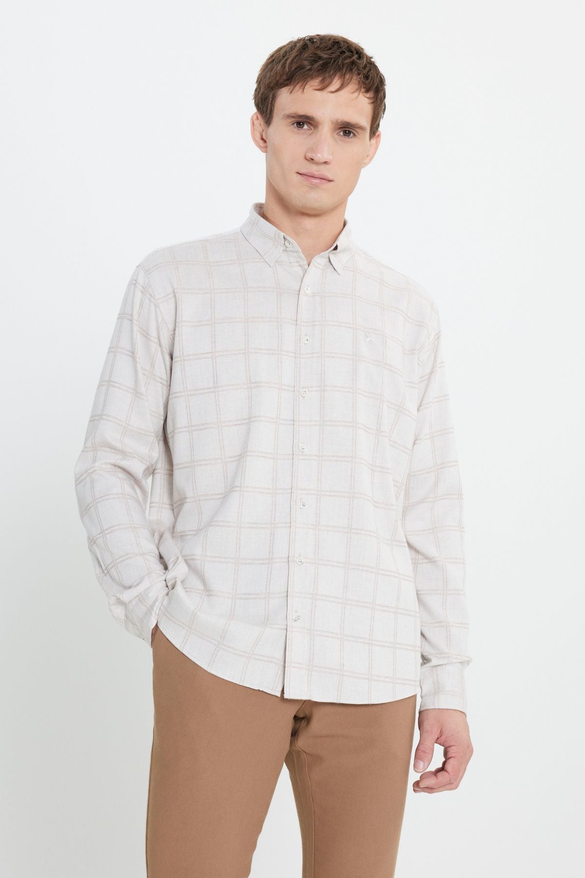 Oxford regular fit comfortable cut hidden buttoned collar checkered beige hungry coffee shirt