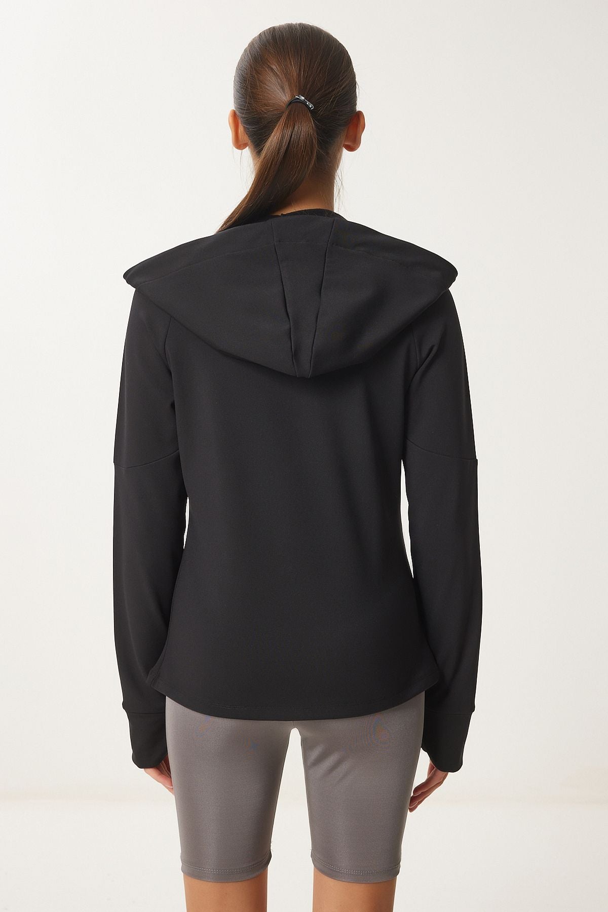 Female black finger detailed hooded zipper knitting sweatshirt vx00007