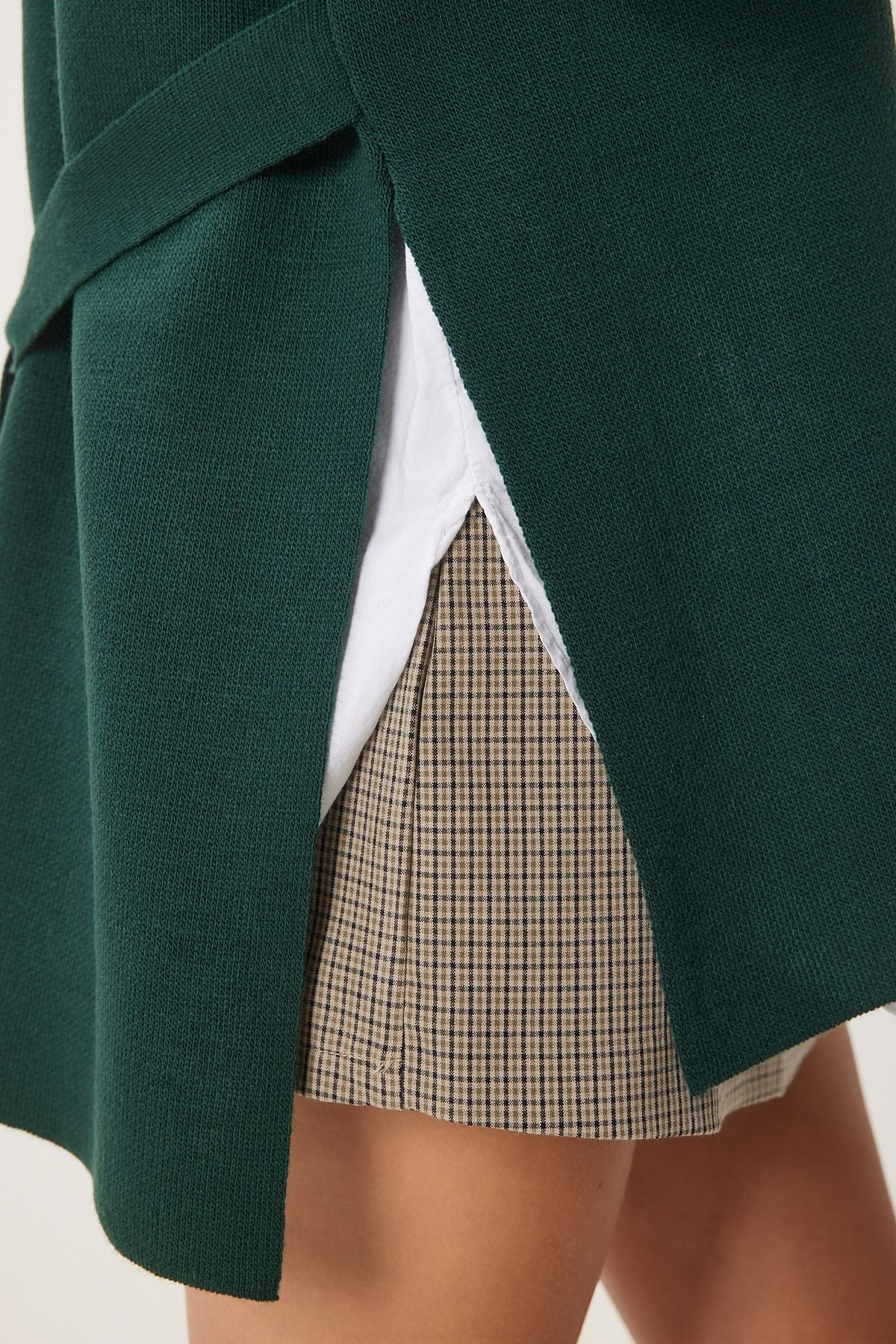 Female emerald green v -neck belt long knitwear suvevery US00185