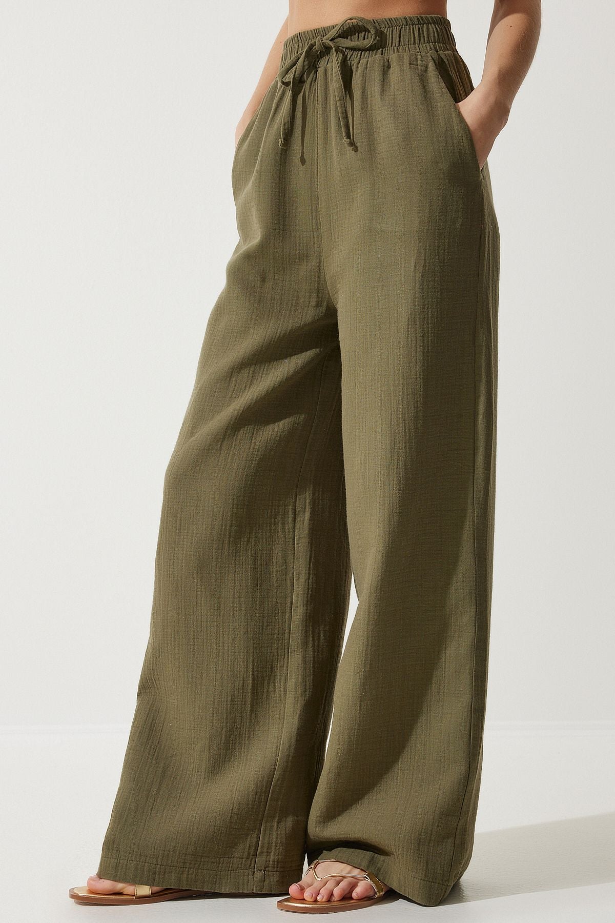 Woman Khaki Muslin Palazzo Pants MX00160