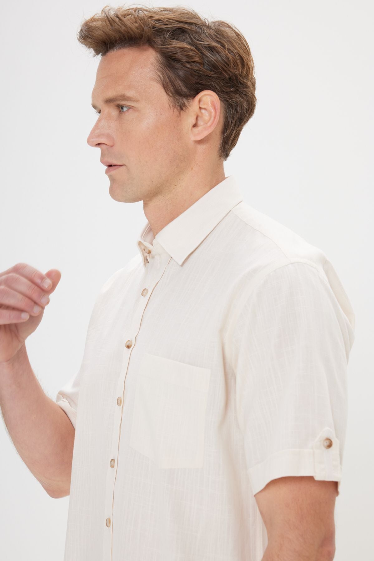 Men's Beige Comfort Fit Casual Cutting Buttoned Neck Linen Looking 100 %Cotton Planned Short Sleeve Shirt