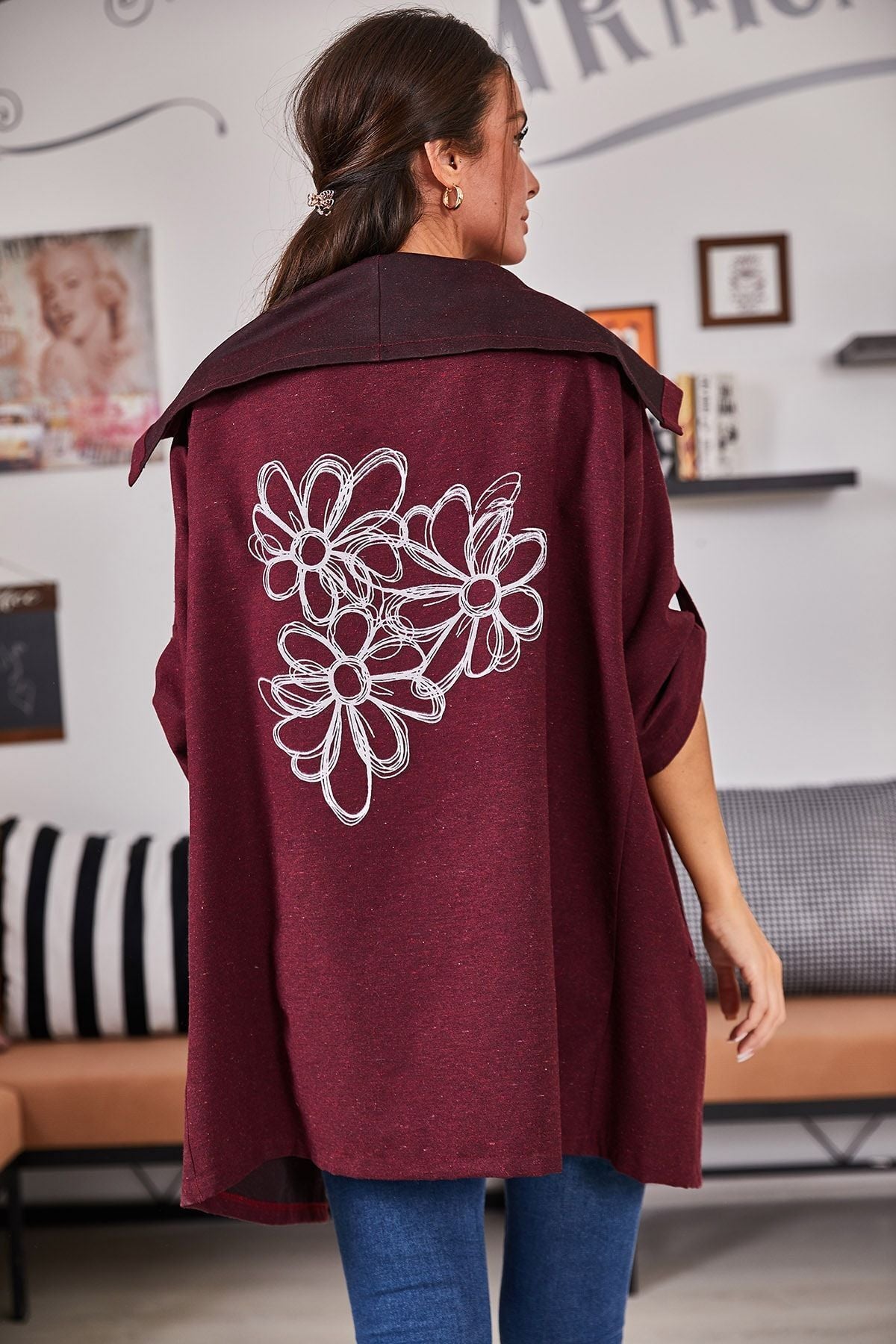 Female Bordeaux R back Flower Printed Seasonal Jacket ARM-20K024030