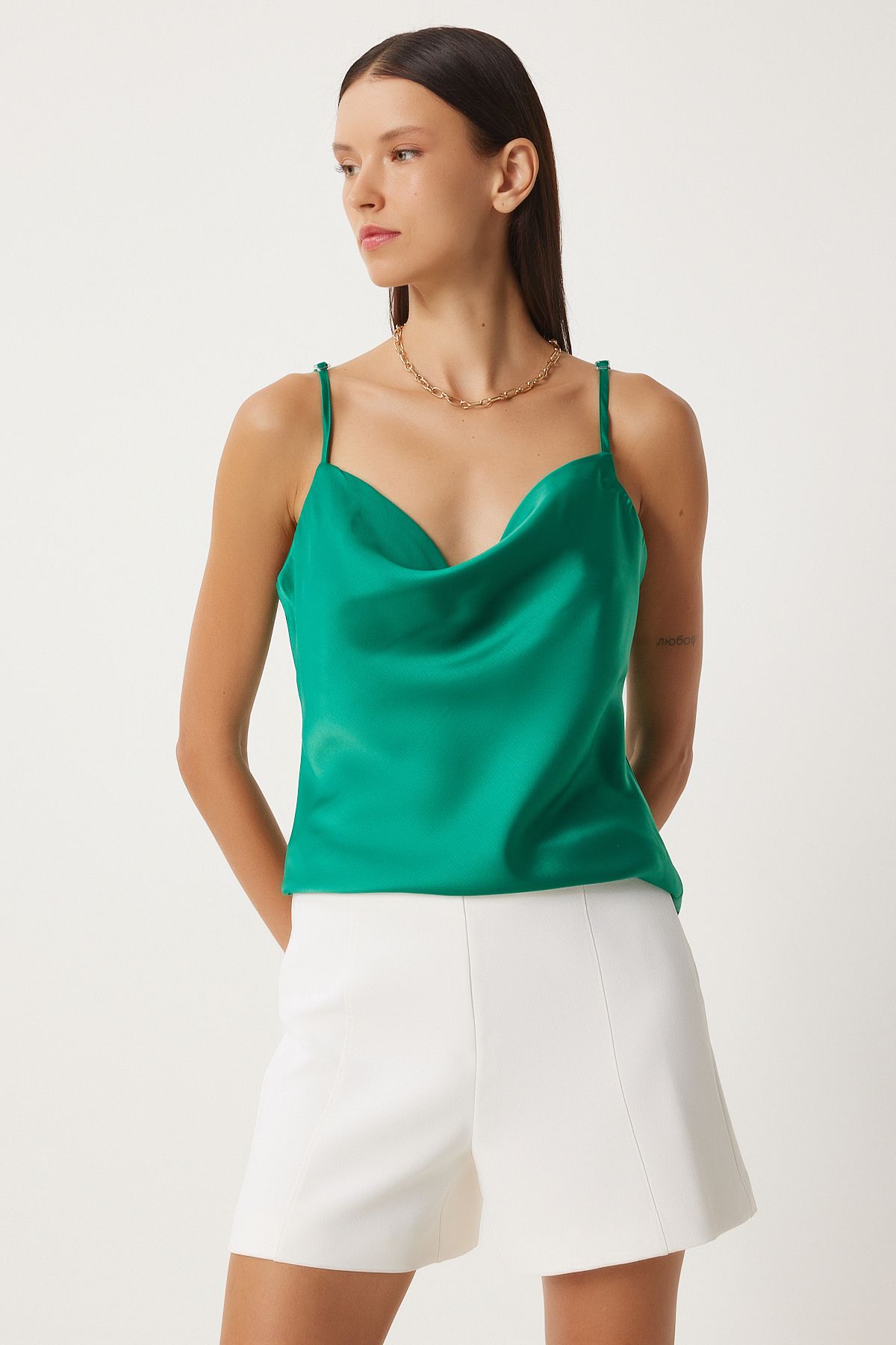 Female Green Satin Surface Degage collar weaving blouse FN03354