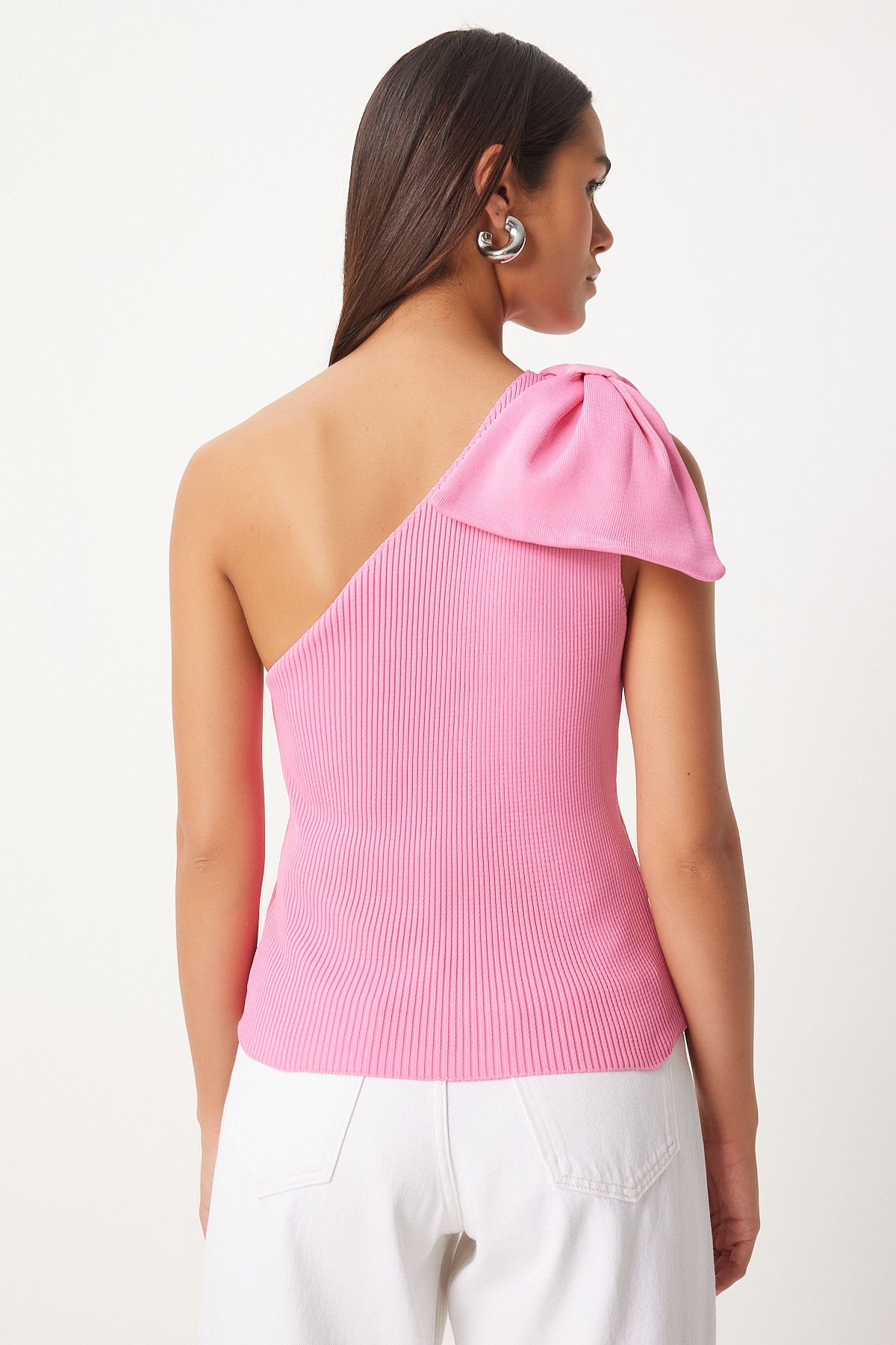 Female pink bow single shoulder knitwear blouse PF00075