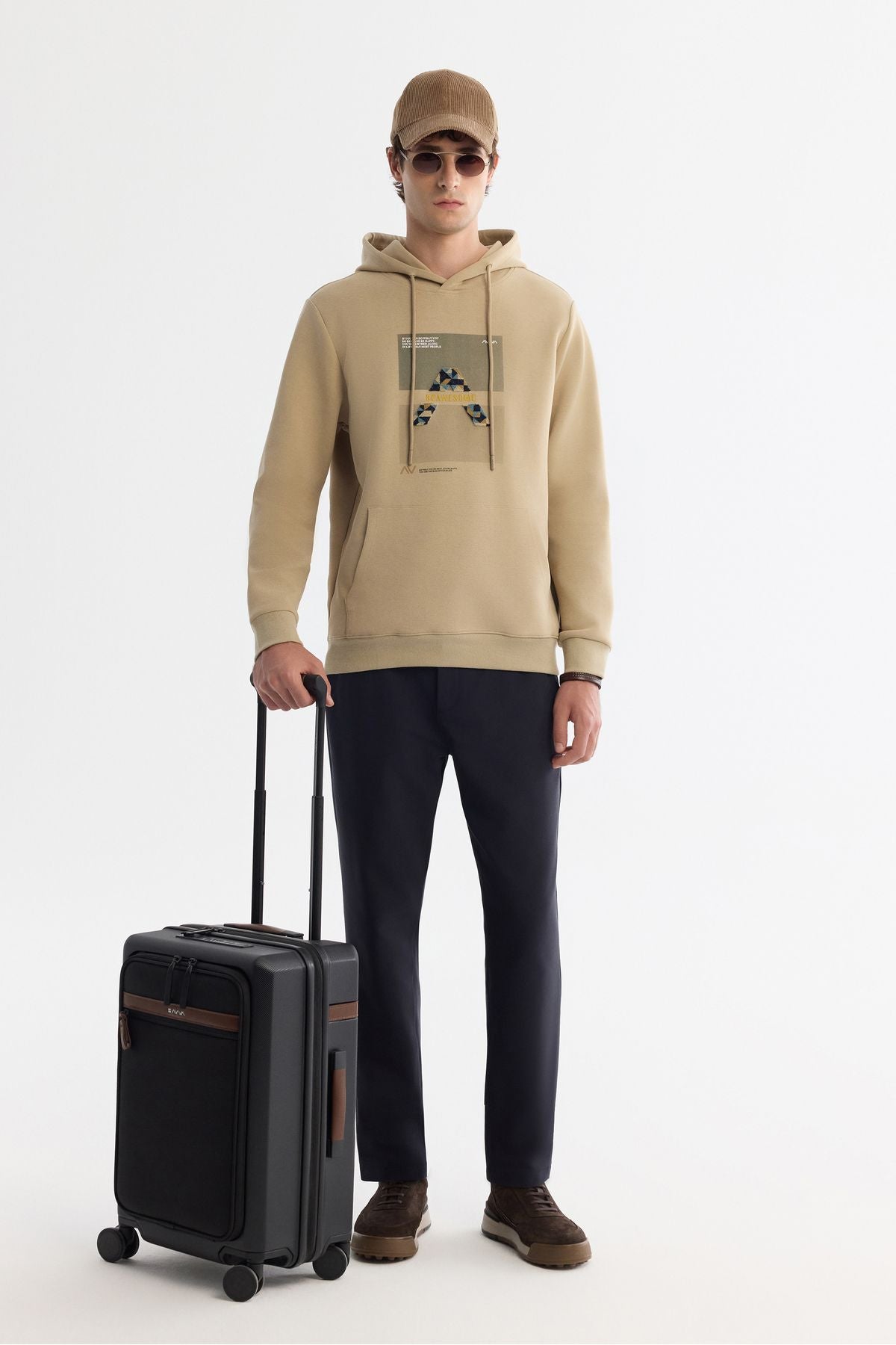 Men's beige hooded cotton printed elastan sweatshirt a42y1321