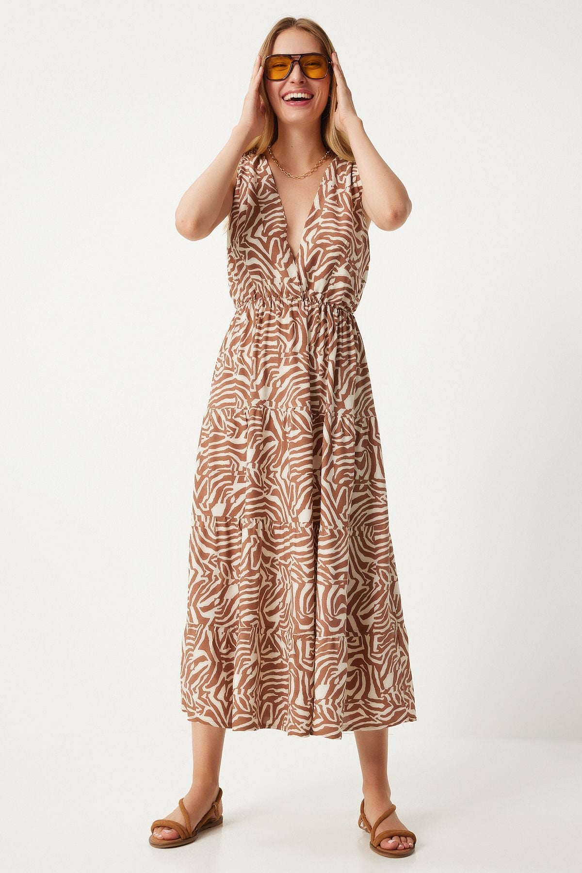 Women's Cream Brown Pattern V -neck Summer Viscose Dress CI00110