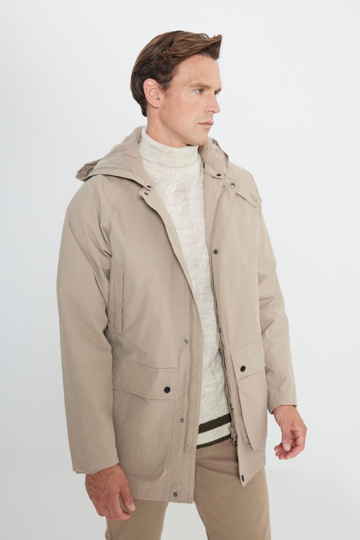 Men's beige hooded upright collar standard Fit Hot Hot Windproof Coat