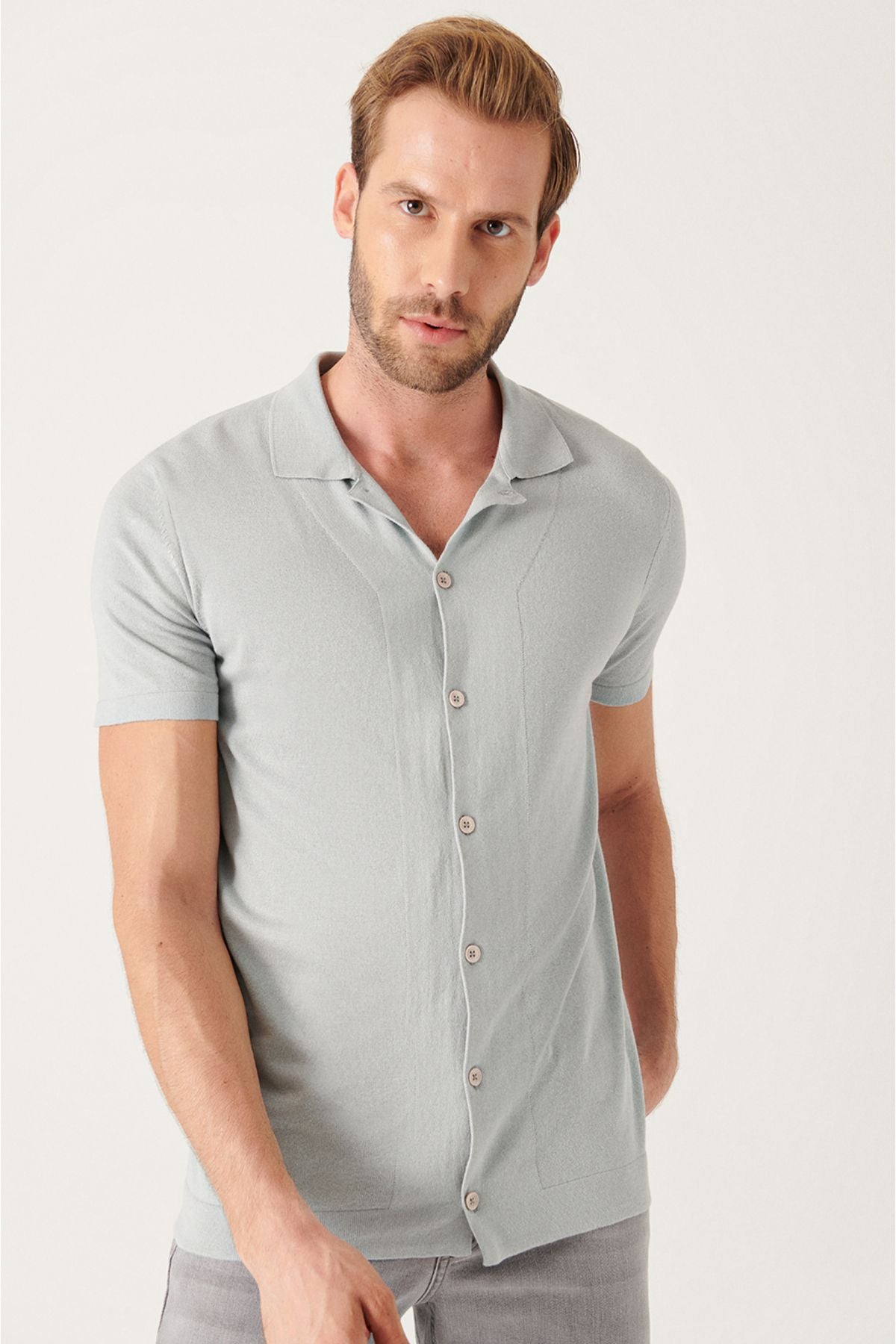 Men's Gray Cuba Cuba Yaka button knitwear T-shirt B005008