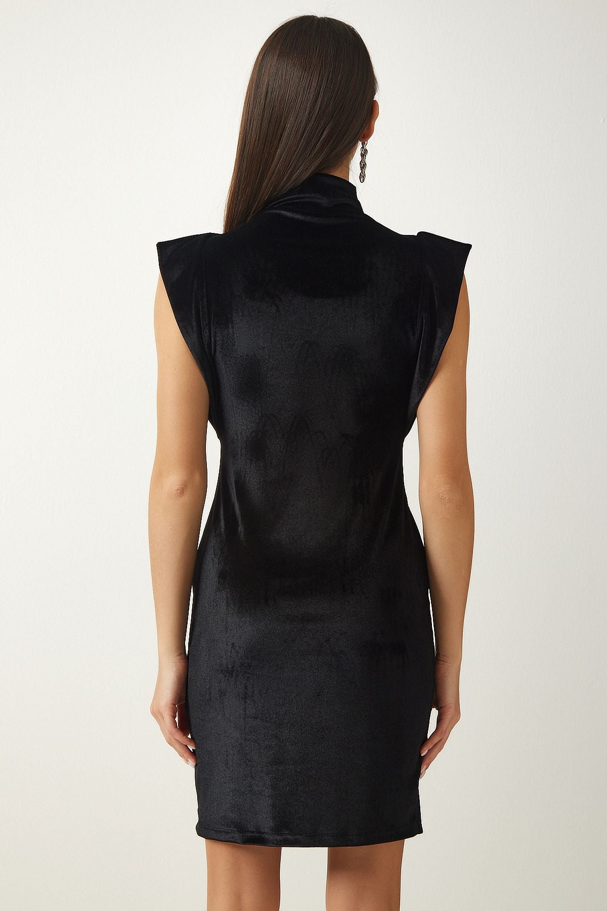 Woman black upright collar stylish velvet dress mc00251