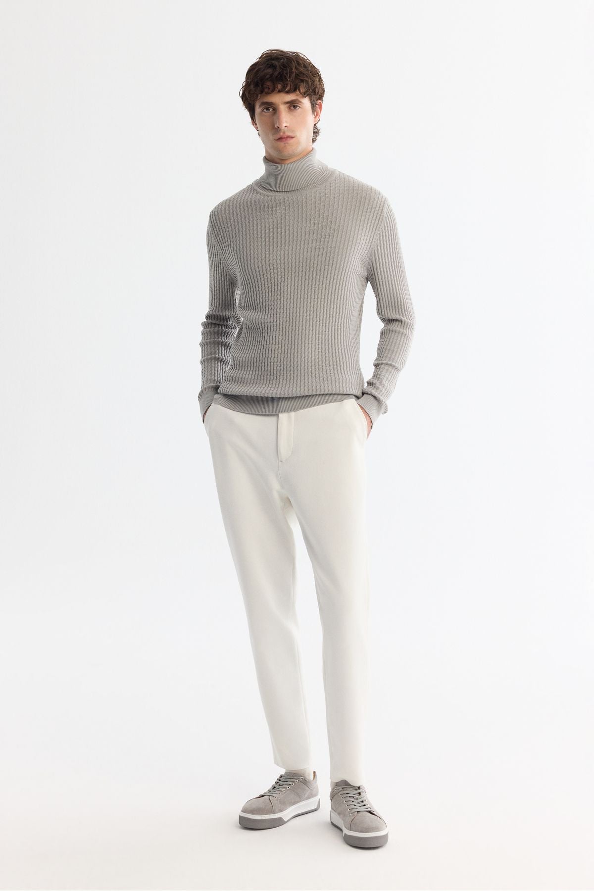 Men's Gray Full Fisherman Neck Wool Mixed Jacquari Knitwear Sweater A42Y5074