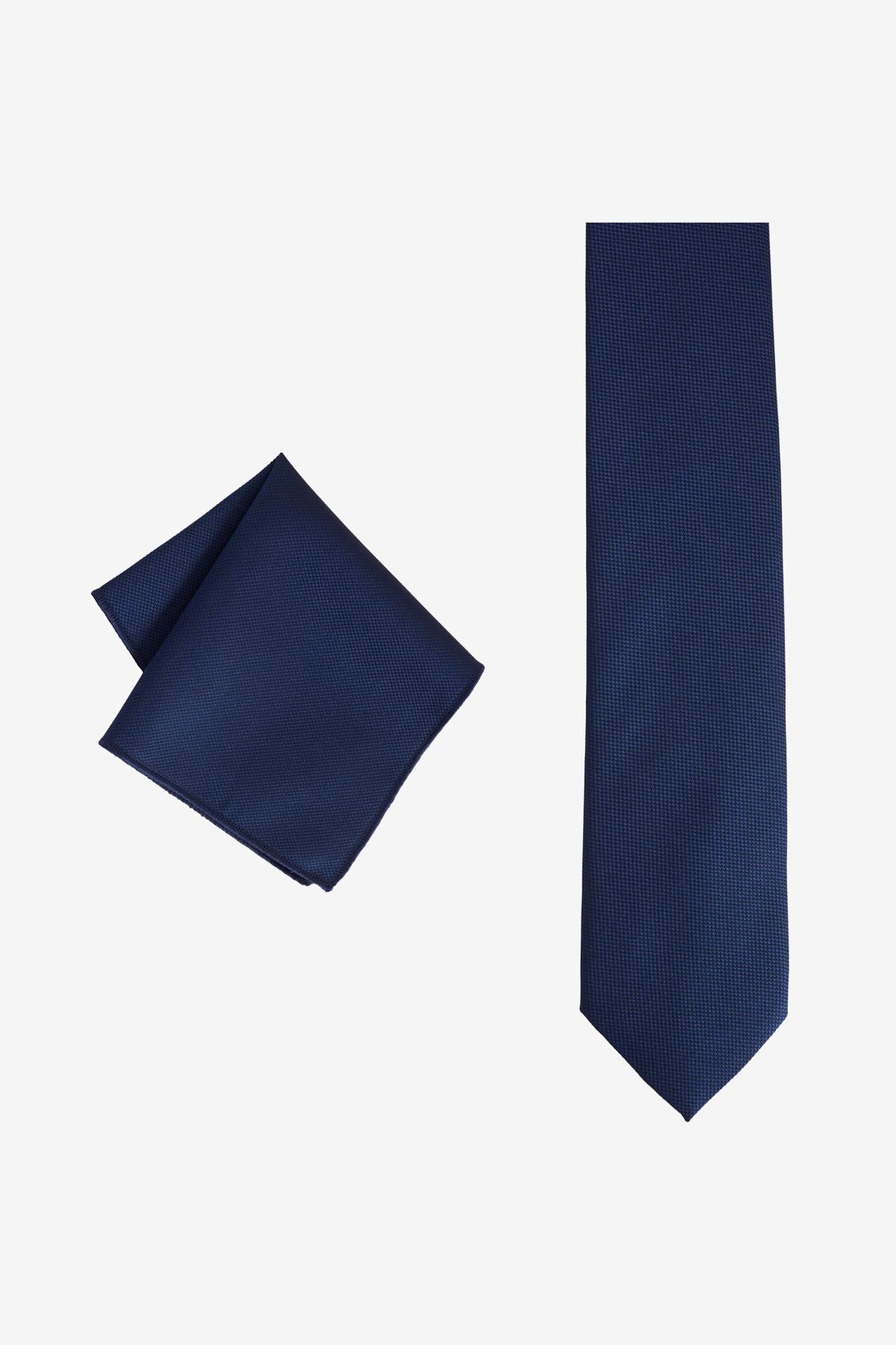 Men's navy blue silk fabric tie-mendil set