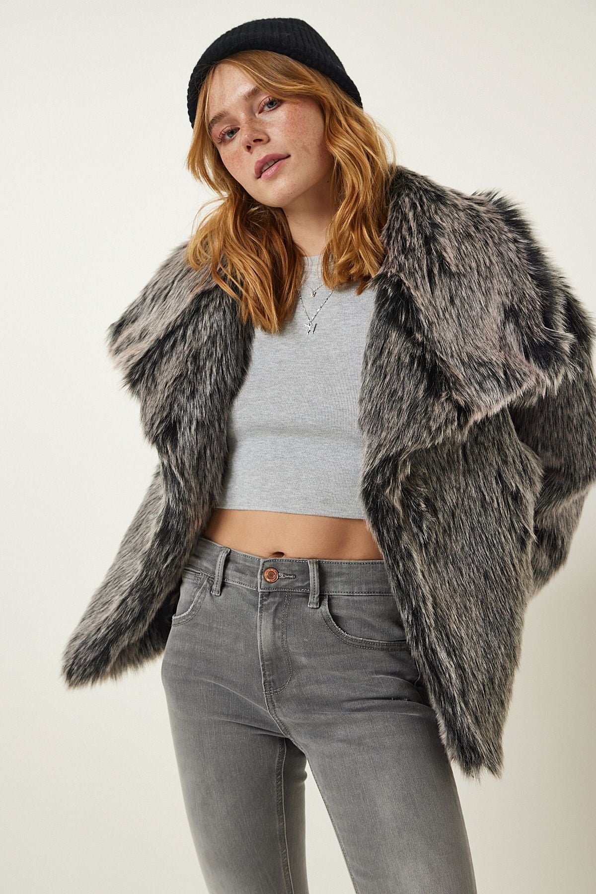 Gray Premium wide collar artificial fur jacket FN03169