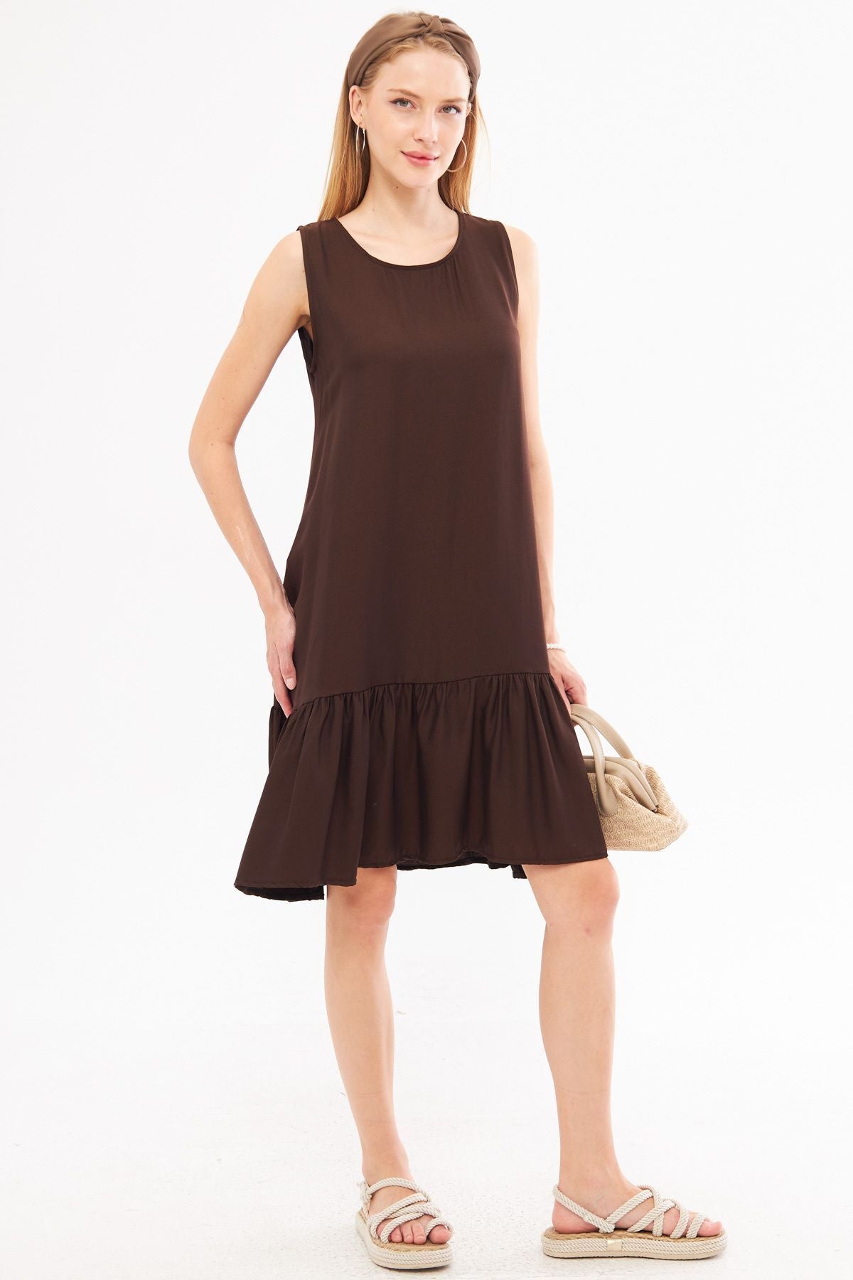 Woman Dark Coffee Sleeveless Skirt Ruffle Dress Arm-18y001156