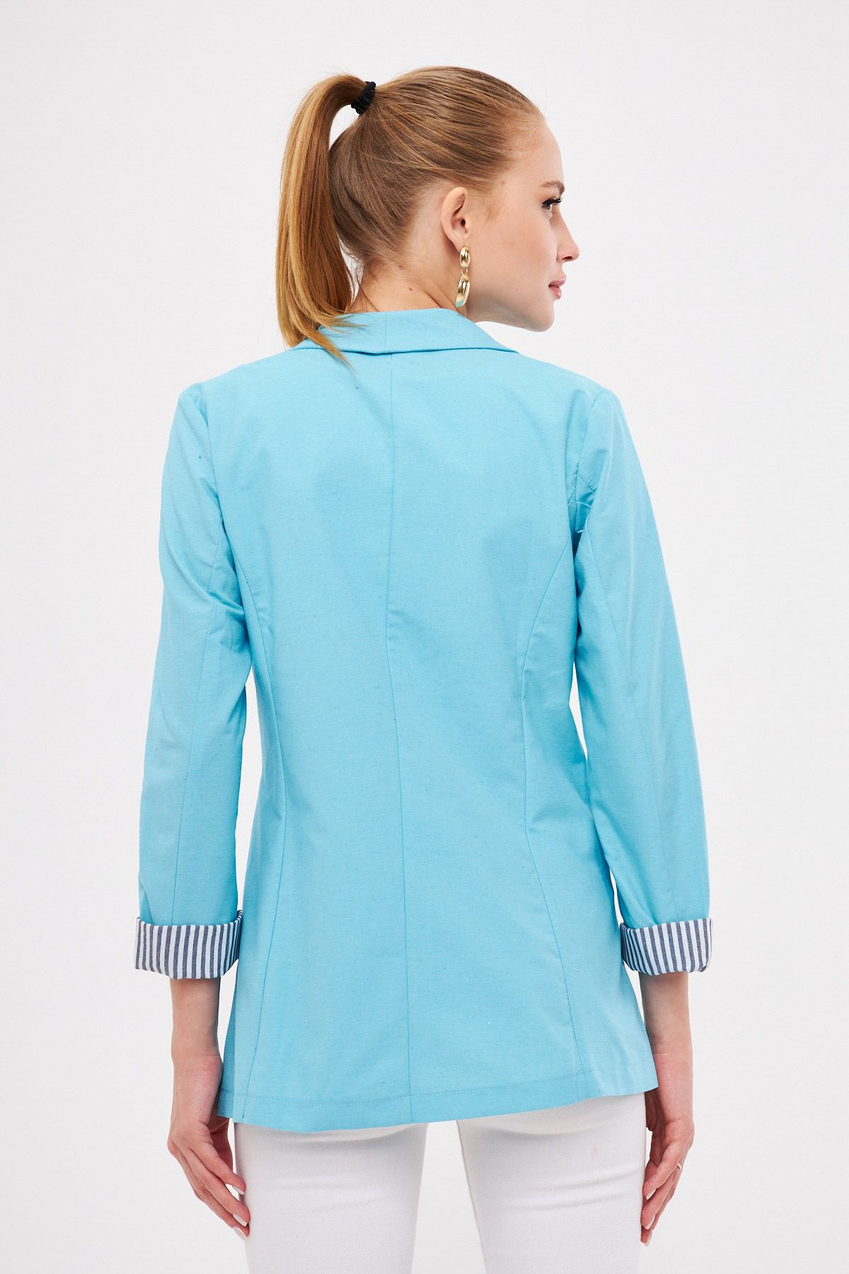 Woman Open Turquoise Sleeve In intra-button with single button jacket ARM-22K001122