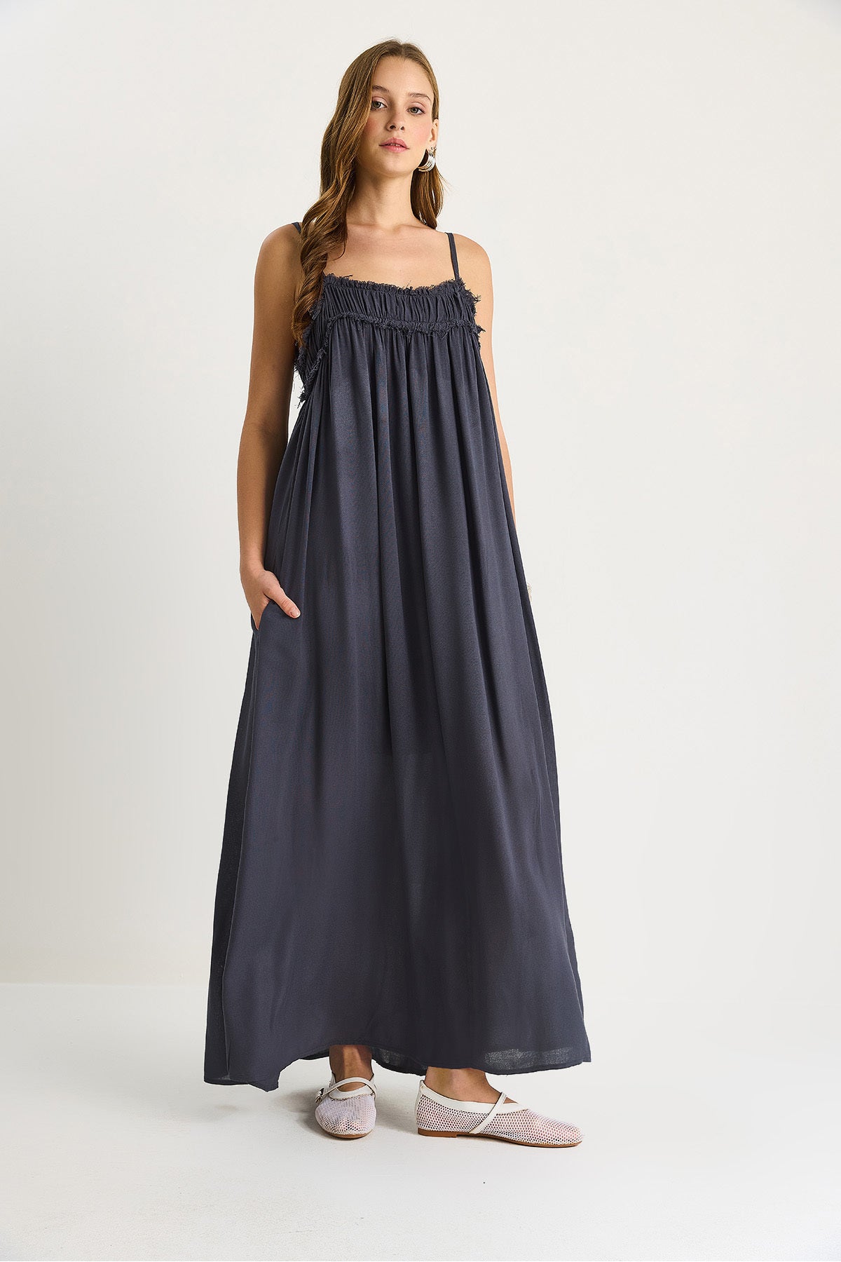 Women's Thin Strap Gathered Pocket Detailed Lined Thin Cotton Dress 60283512