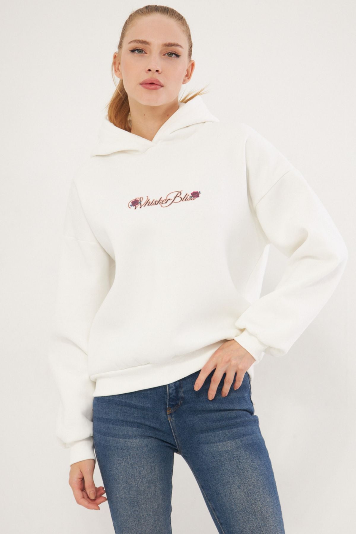 Woman White Hooded Stered Sweatshirt ARM-25K001046