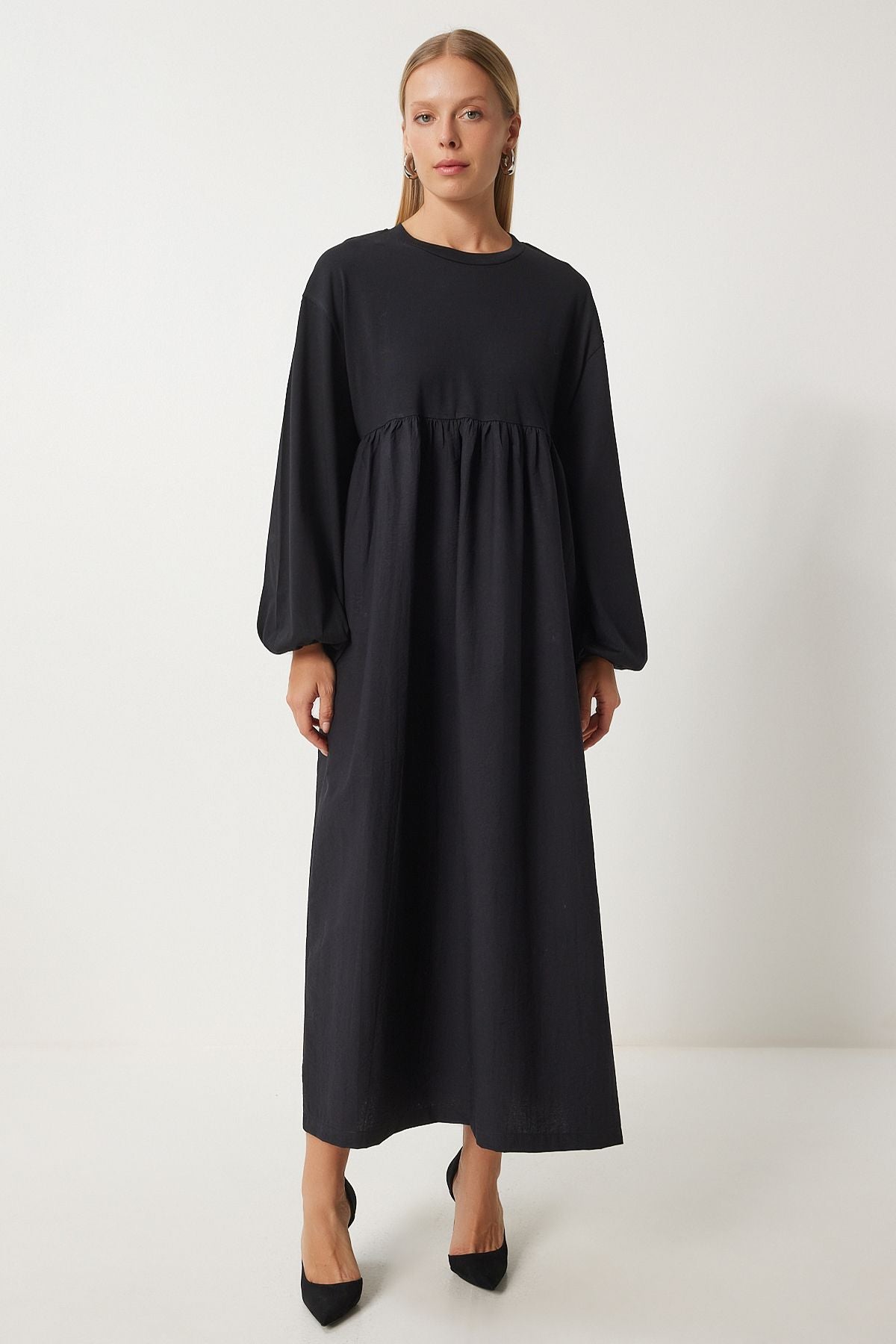 Women's black flywheel balloon sleeve long weaving dress RG00044