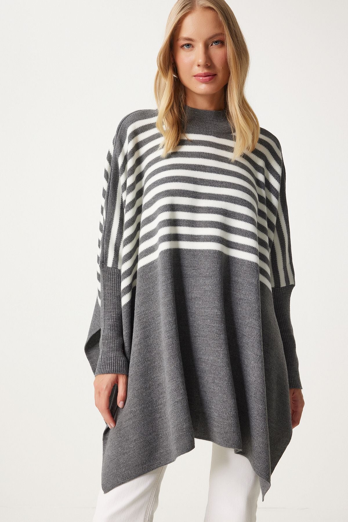 Women's gray striped side slit overlawing poncho sweater DD01336