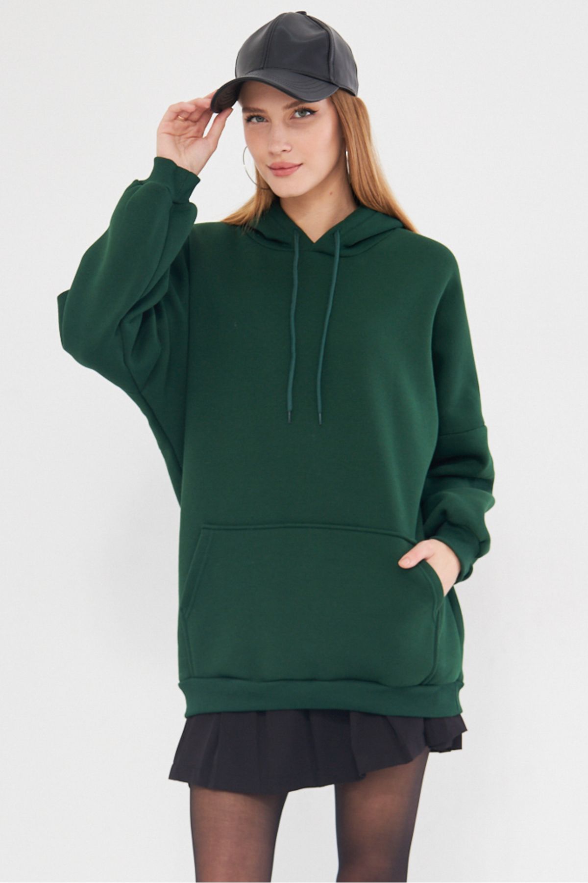 Woman Dark Green Hooded in Sweatshirt Arm-25k001045