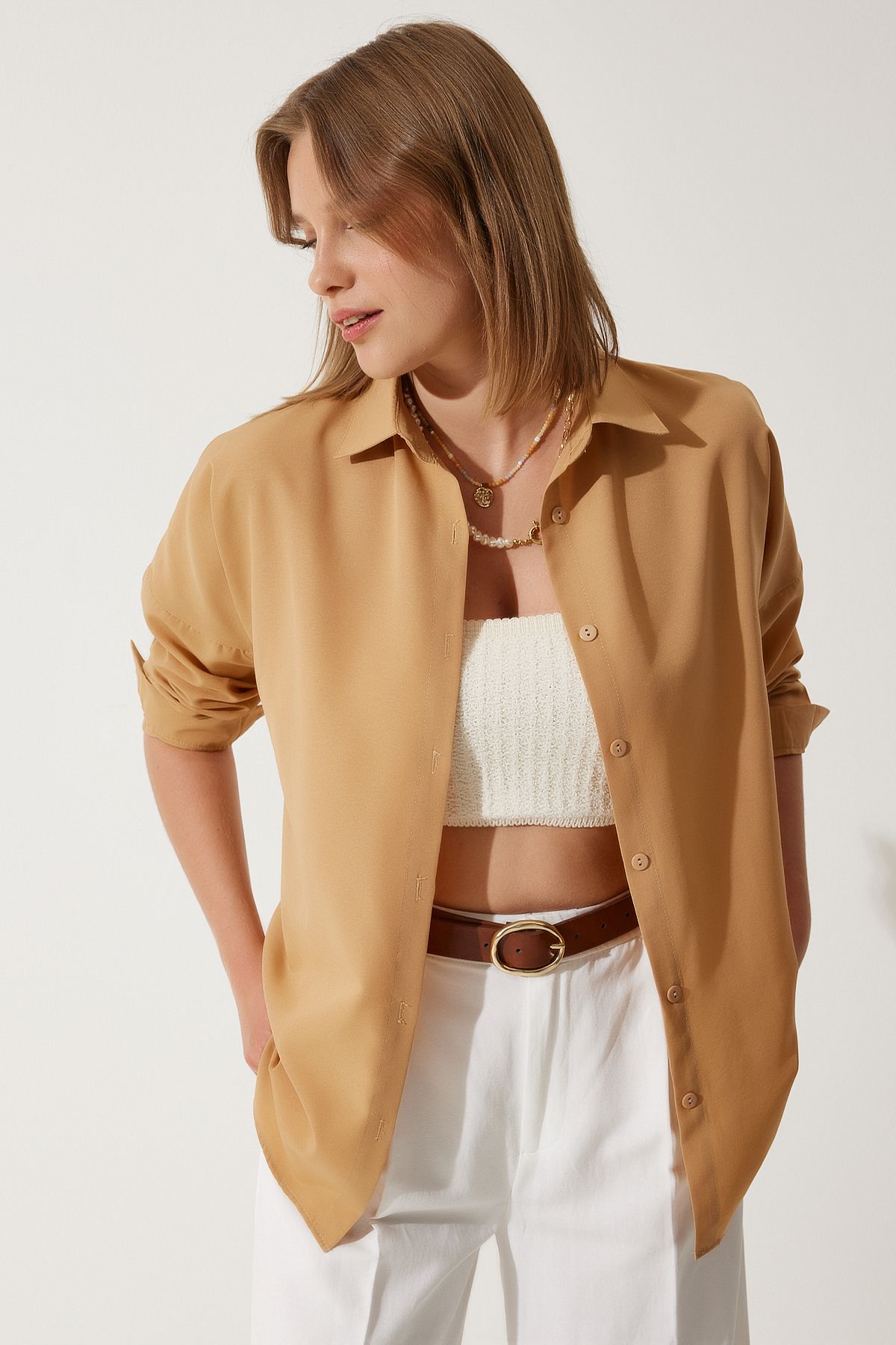 Woman Camel Oversize Long Basic Shirt DD00842