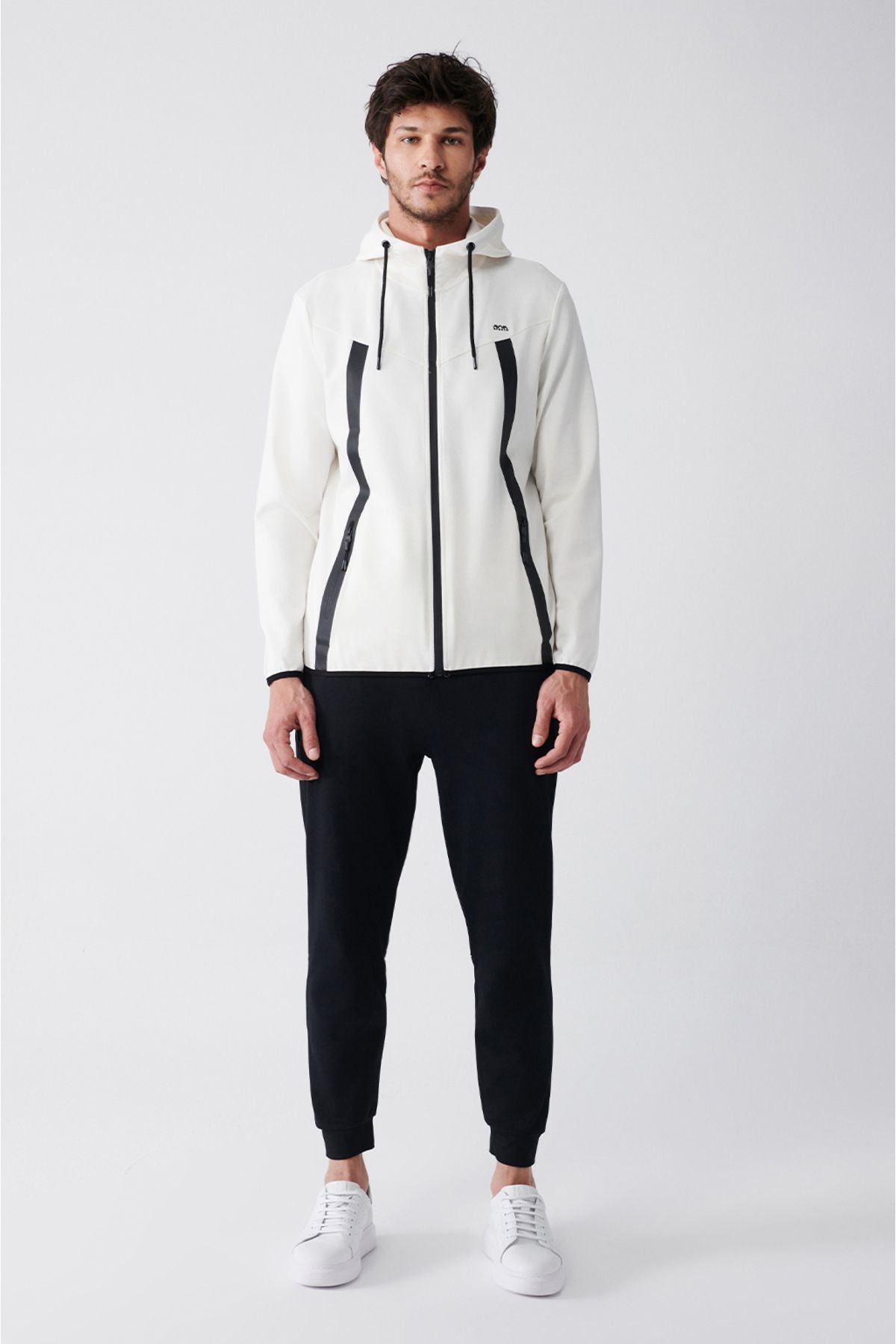 Men's Ecru Interlok Fabric Hoped Zipper Sweatshirt A31y1202