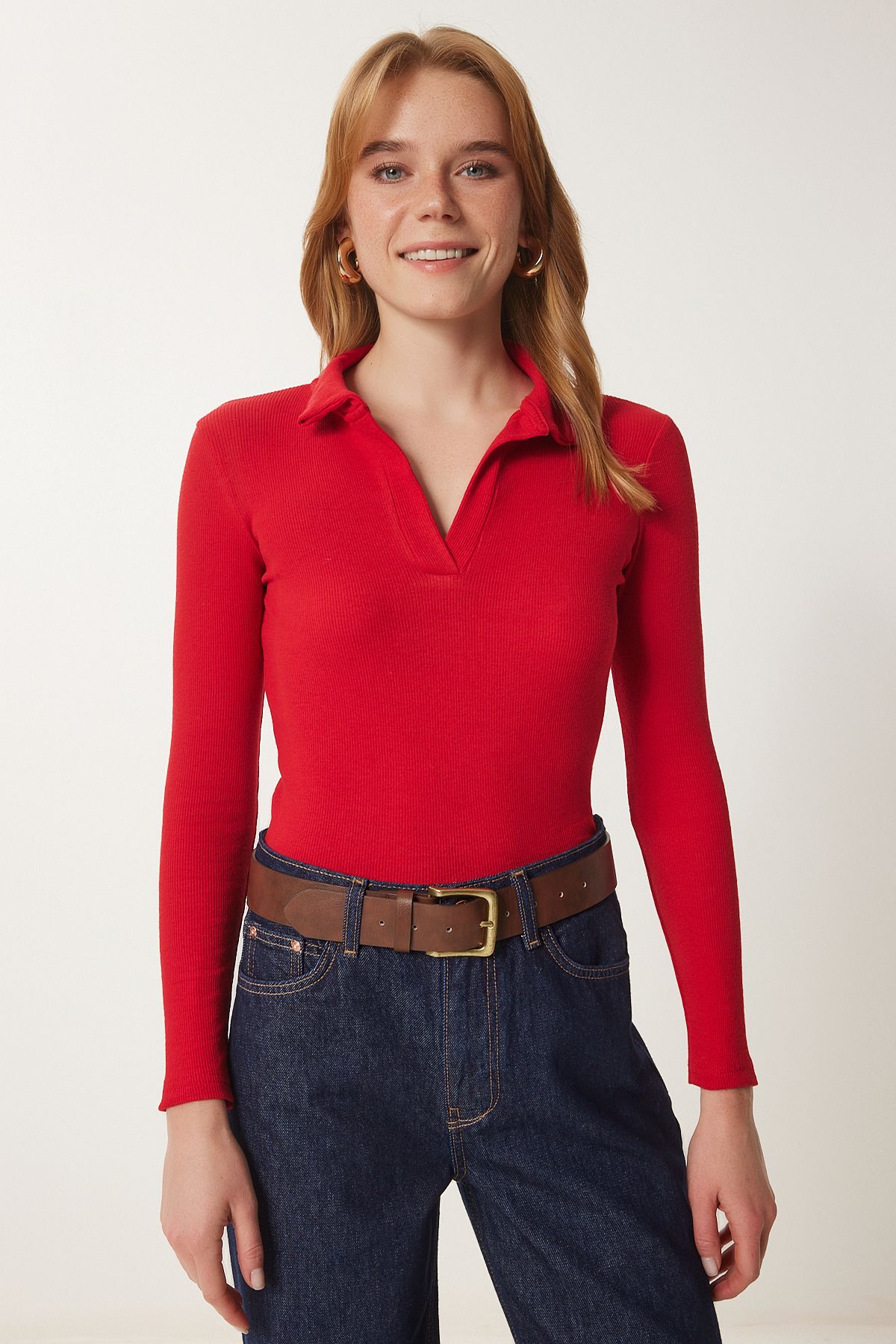 Woman Red Polo Yaka Retli Knitting Blouse GT00111