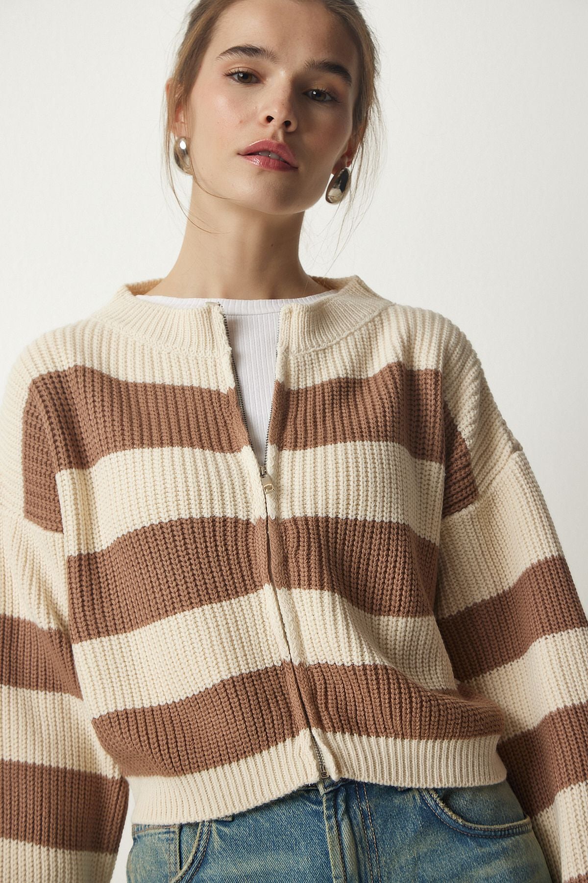 Women's Cream Biscuit Zippered Triko Cardigan MC00246