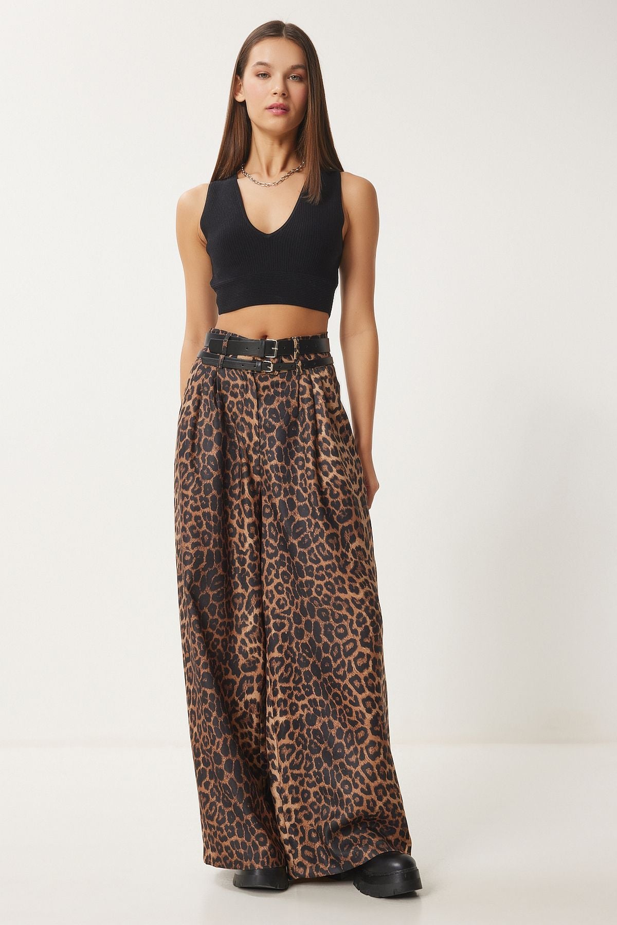 Woman Camel Black Leopard Patterned Double Belt Culatte Culatte Pants FN03412