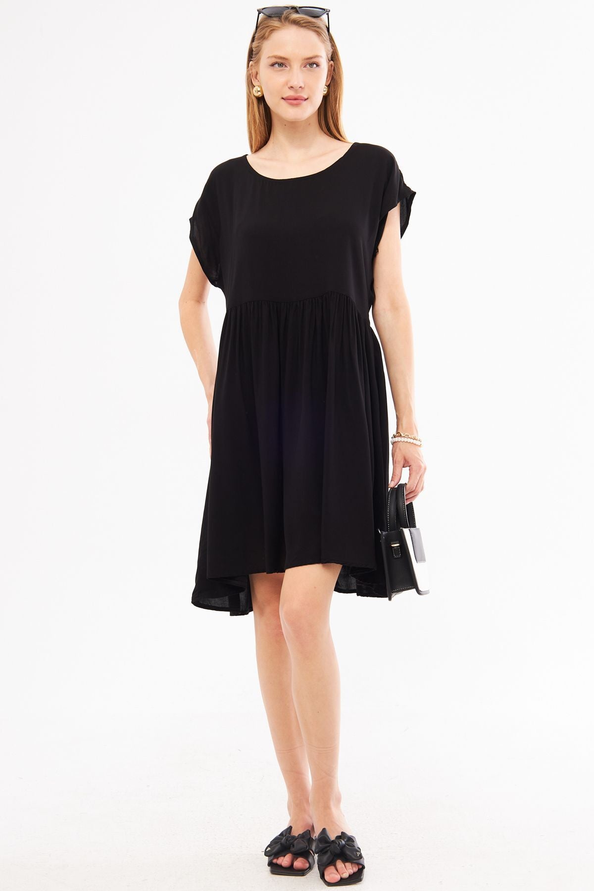 Female Black Waist Shirred Mini Dress ARM-24Y001090