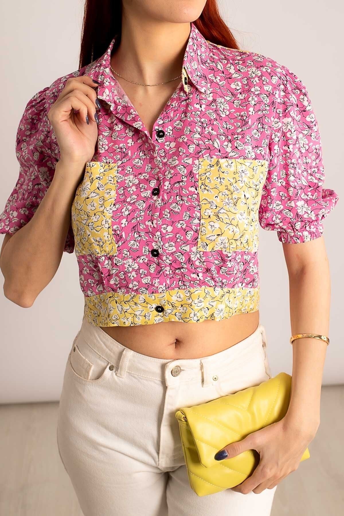 Women's Pink Lend Rubber Pocket Back Detail Crop Shirt ARM-23Y001006
