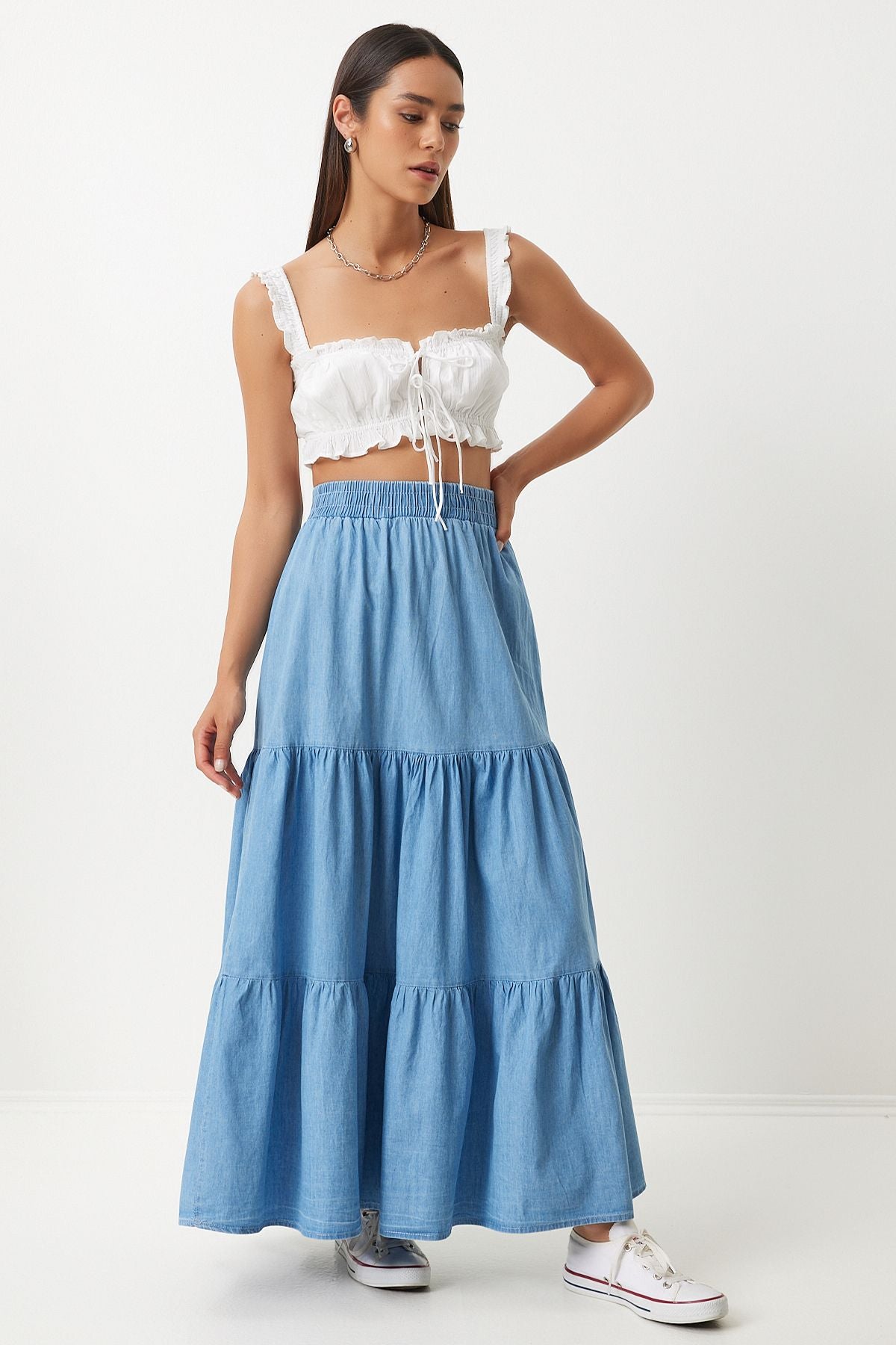 Women's Blue Flane Long Denim Skirt DD01329