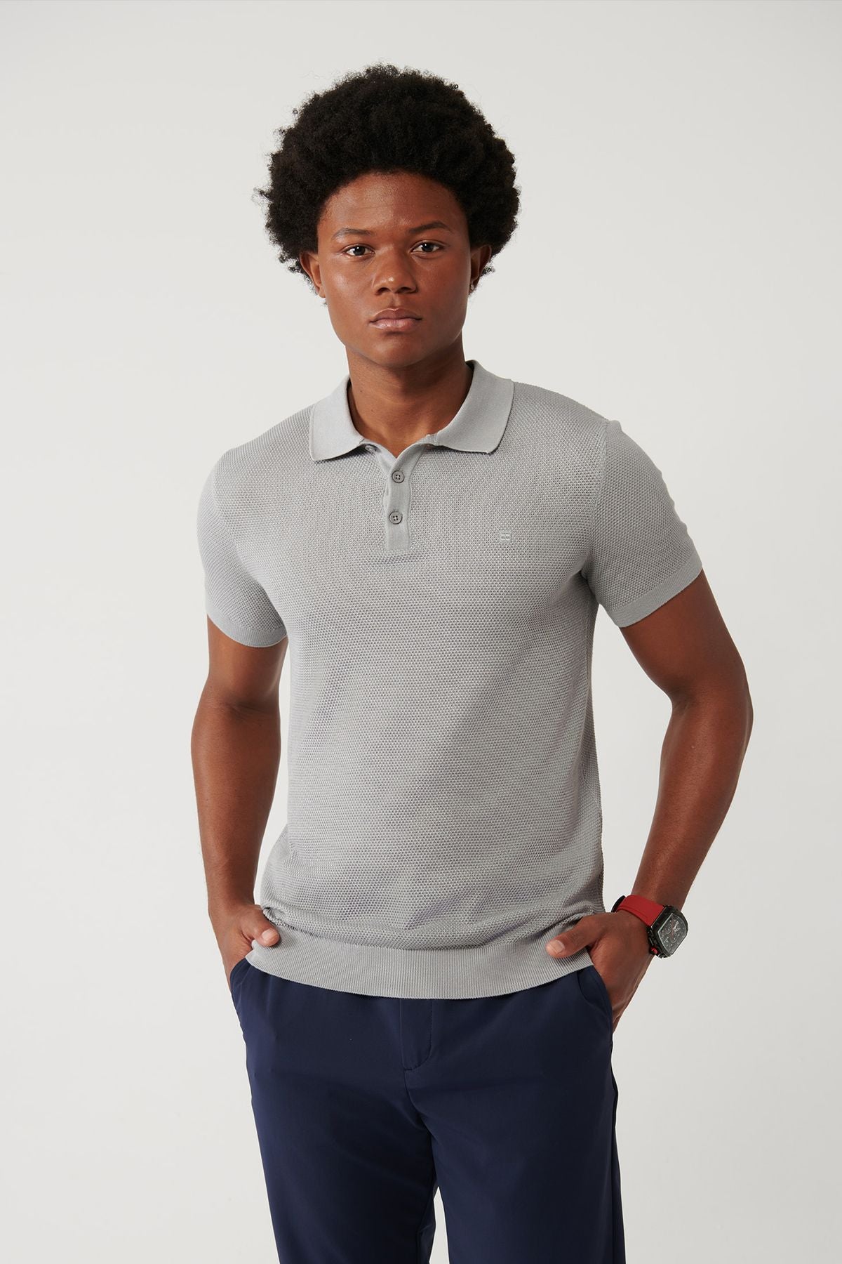 Men's gray 3 button textured riban Polo Yaka Triko T-Shirt B005009