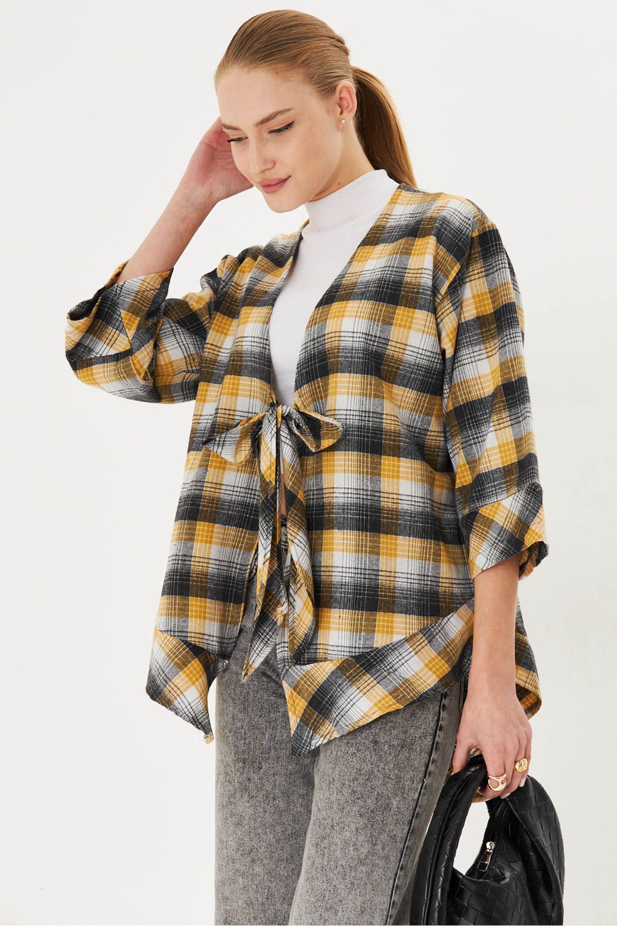 Woman yellow front connecting plaid kimono shirt ARM-25K001017