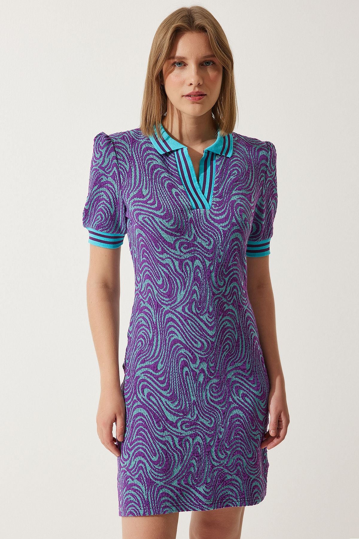 Woman Purple Patterned Polo Yaka knitwear dress NV00069