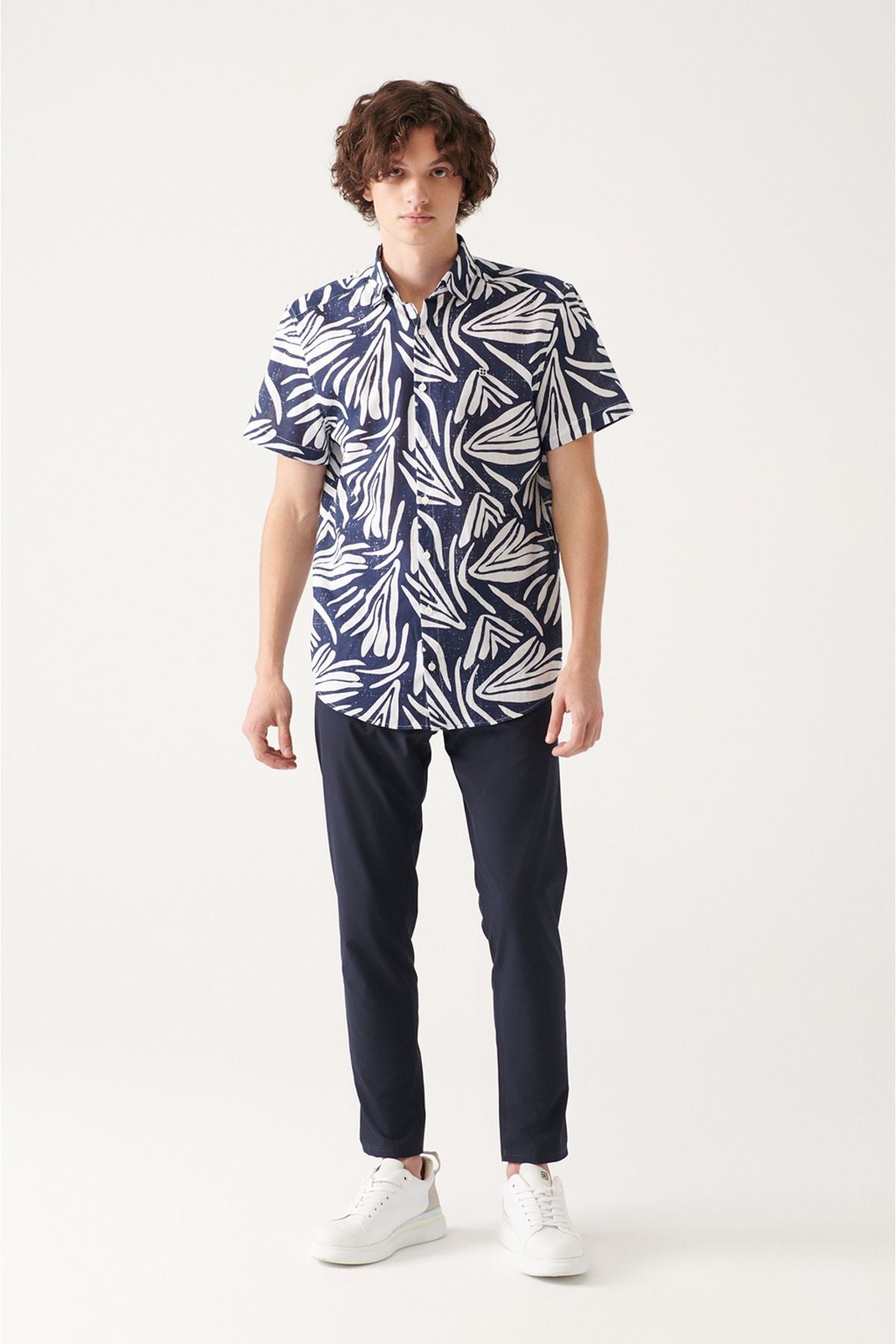Men's Navy Blue 100 %Cotton Printed Short Sleeve Shirt A31y2240