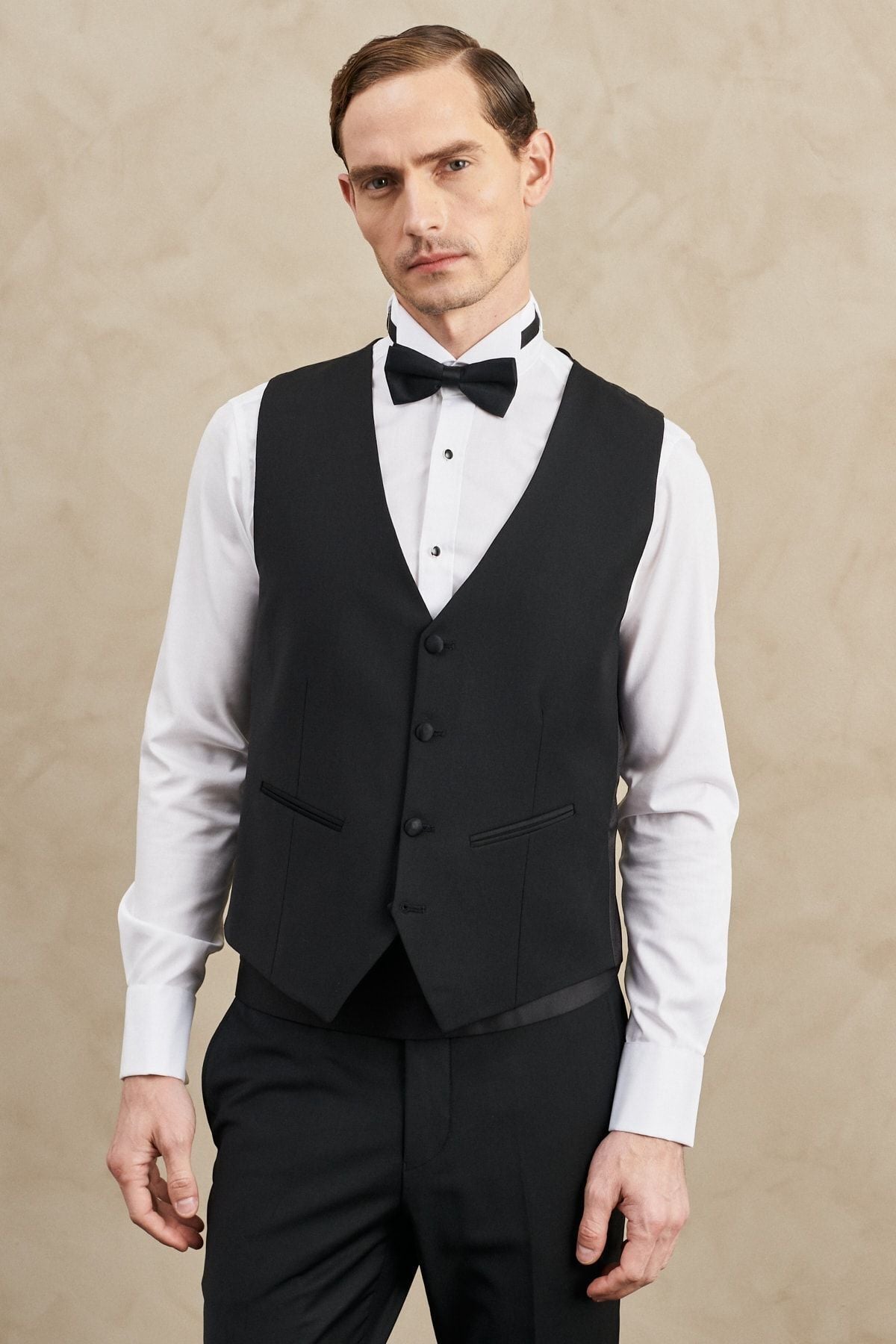 Men's Black Slim Fit Narrow Cut Mono Yaka Classic Tuxedo with Wool Vests