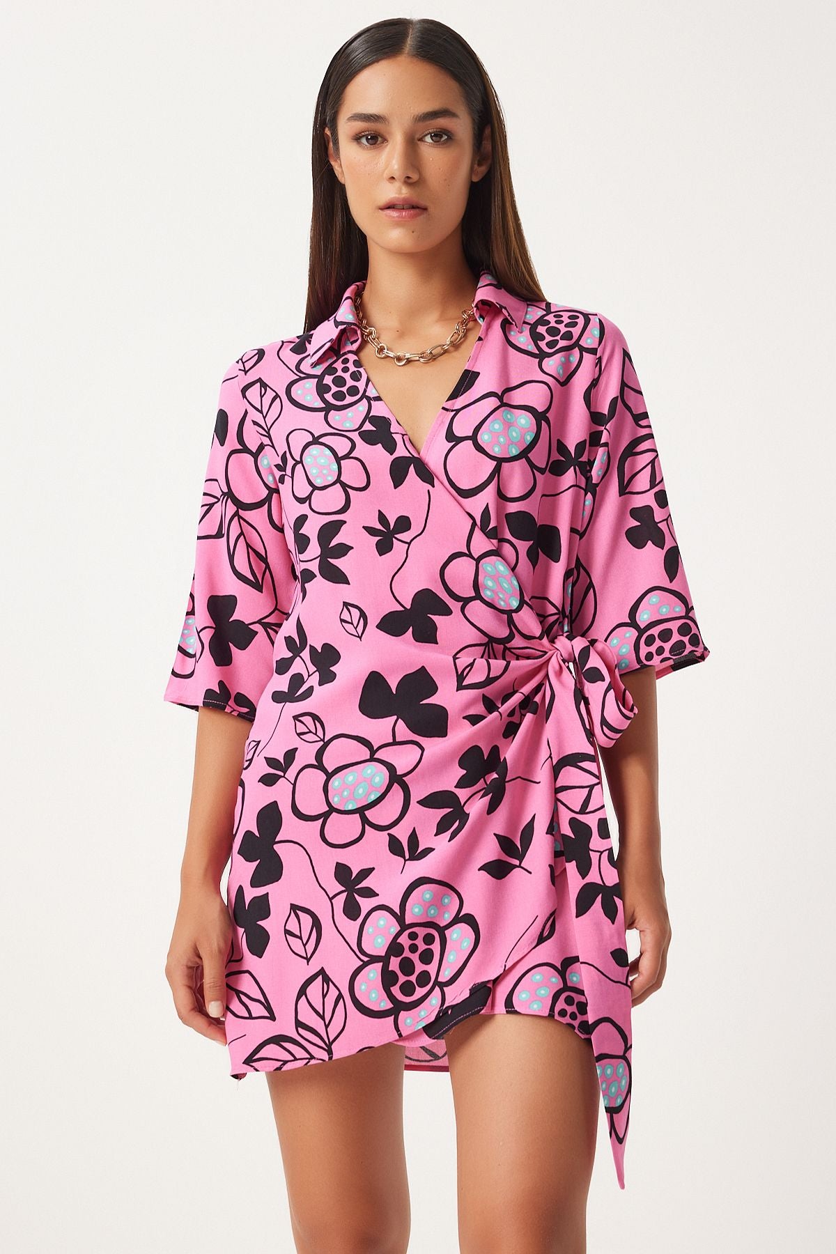 Female Pink Patterned Summer Viscose Anvelop Dress FN03226