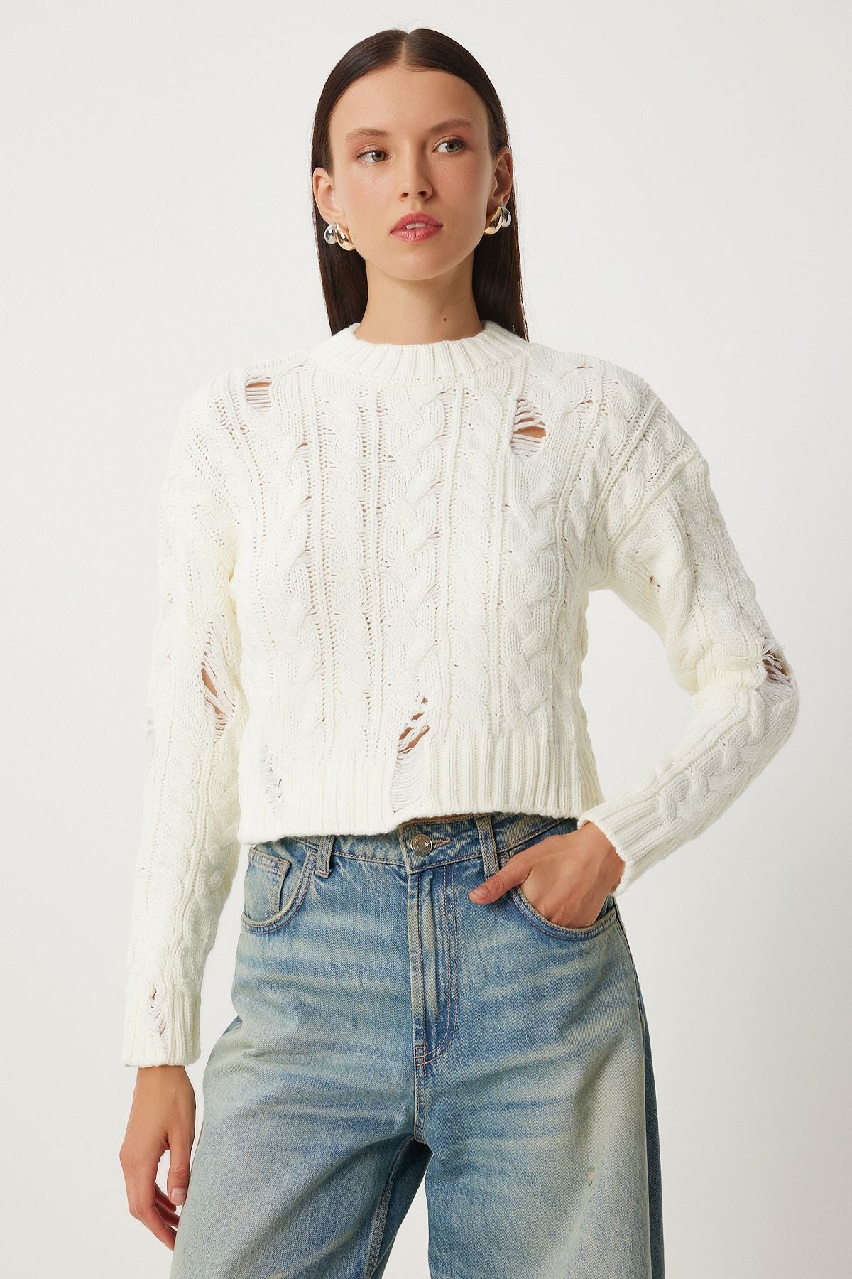 Women's Bone Torn Detailed Braided Knitwear Sweater FN03339