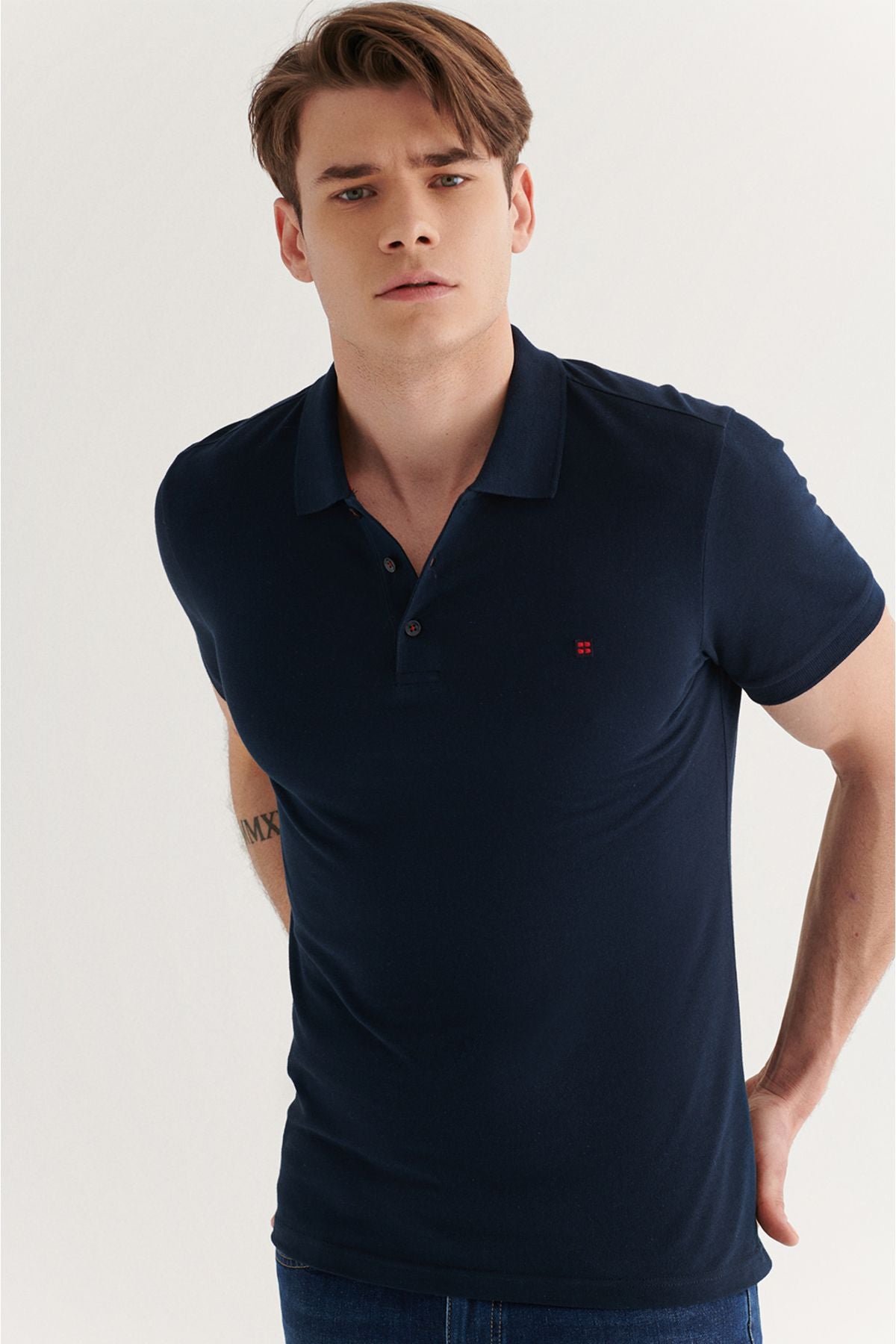 Men's navy blue polo collar t-shirt 100 %cotton cools holds Fit E001004