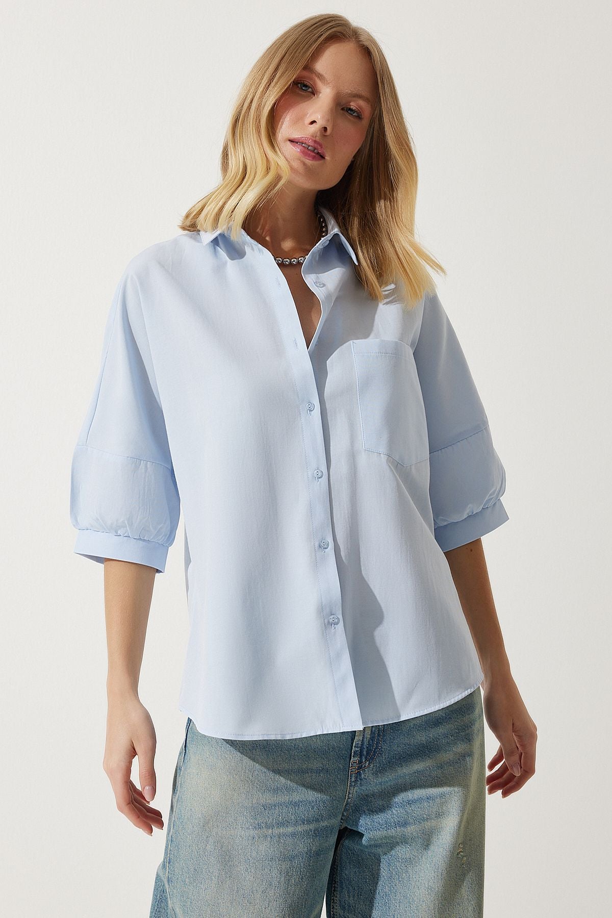 Woman Sky Blue Balloon Sleeve Poplin Shirt DD01308