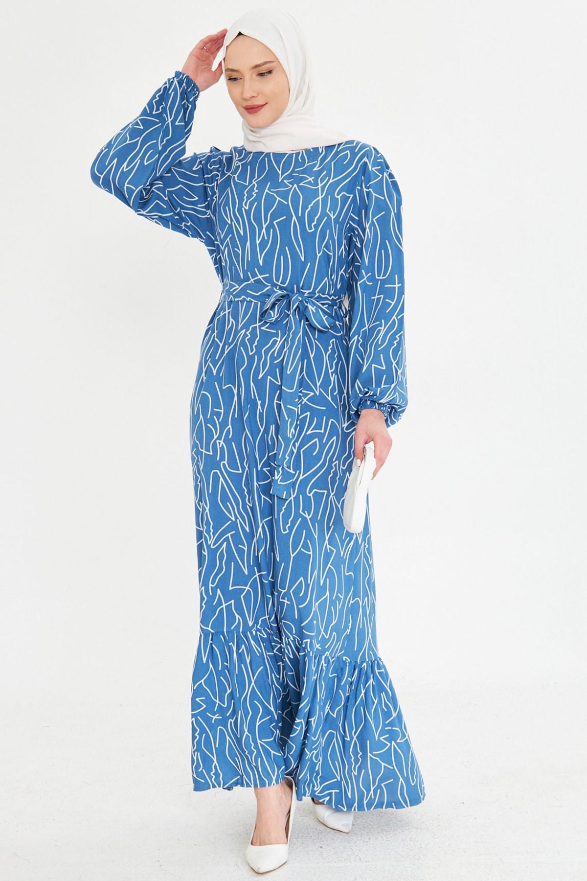 Female indigo zero collar behind zipper skirt with frilly belt long hijab dress ARM-25K001101