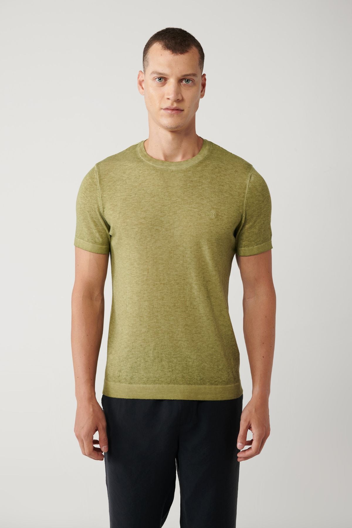 Men's Khaki Bicycle Collar Garment Dyed T-Shirt A41Y5074