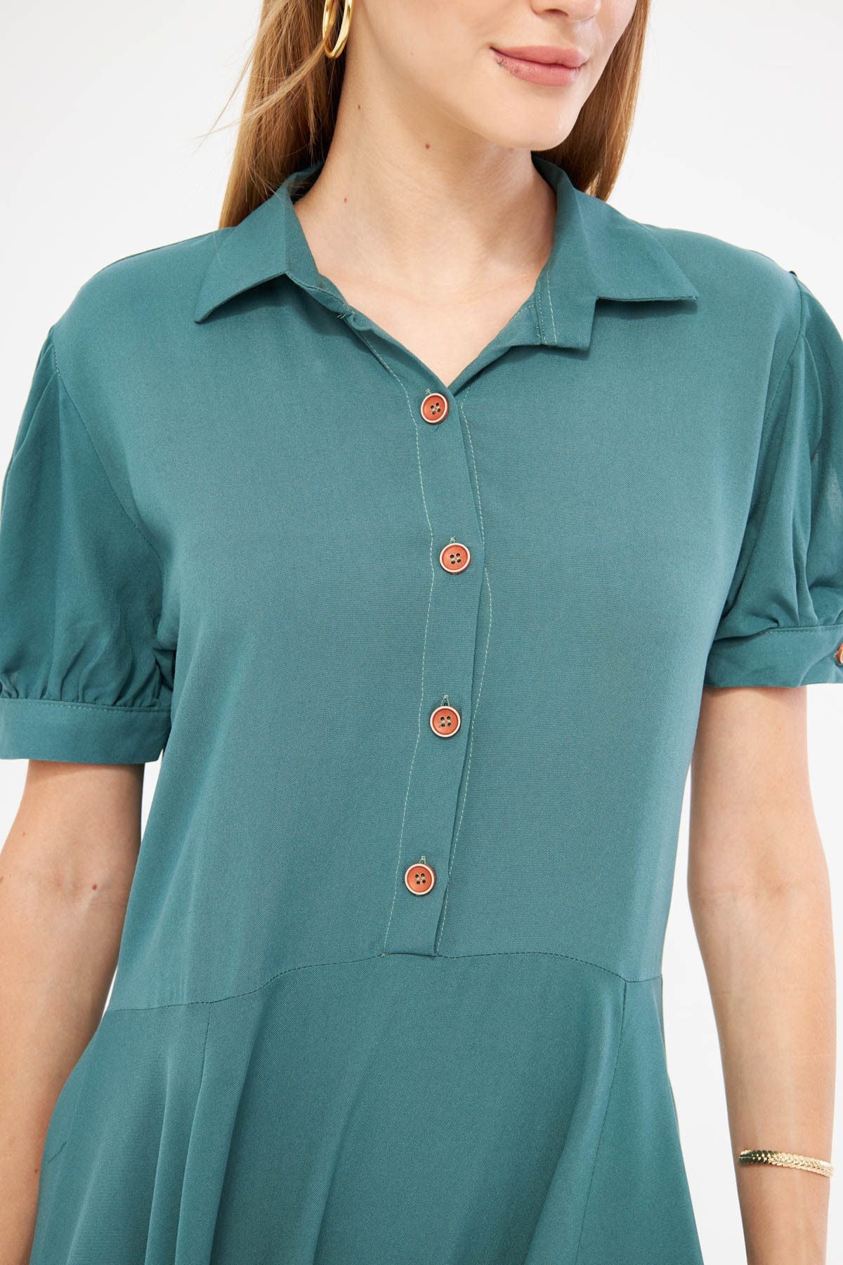 Female turquoise shirt collar handle slit detailed closh watermelon sleeve dress ARM-24Y001083