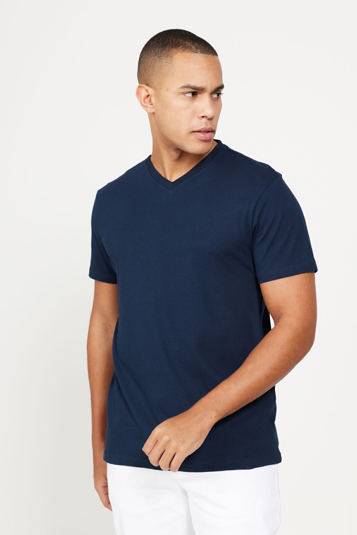 Men's Navy Blue-Lacivert 2 V-neck 100 %Cotton Slim Fit Narrow Cut Basic T-shirt