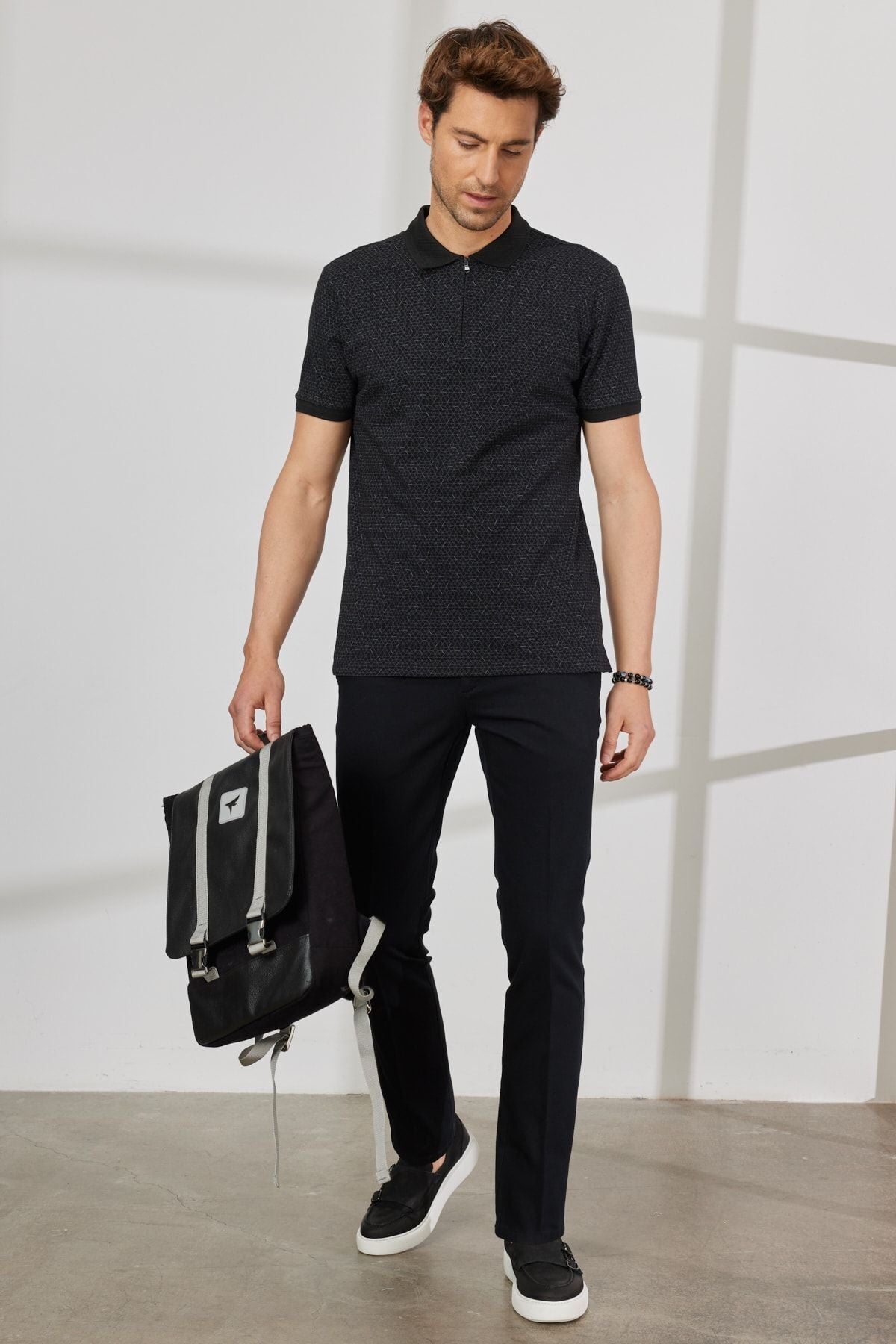 Men's black slim fit narrow -cut side pocket cotton flexible Acharted Pants