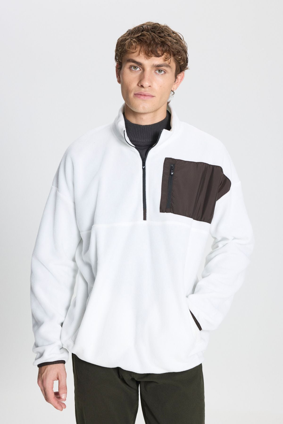 Men's White Oversize Plenty of Preep Bato Yaka Pocket Detailed Zipper Cold -proof Polar Sweatshirt