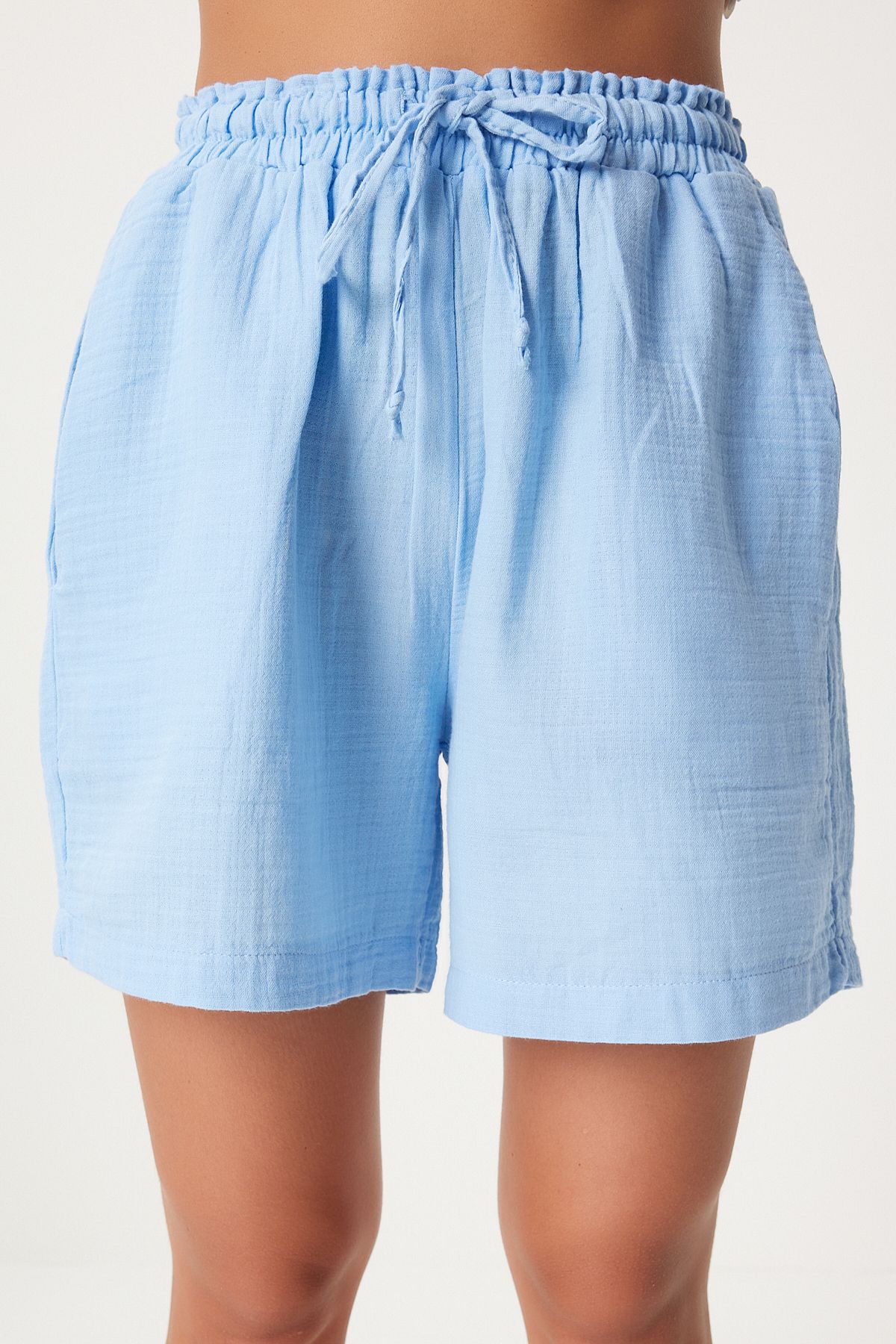 Female sky blue pocket muslin shorts MX00168