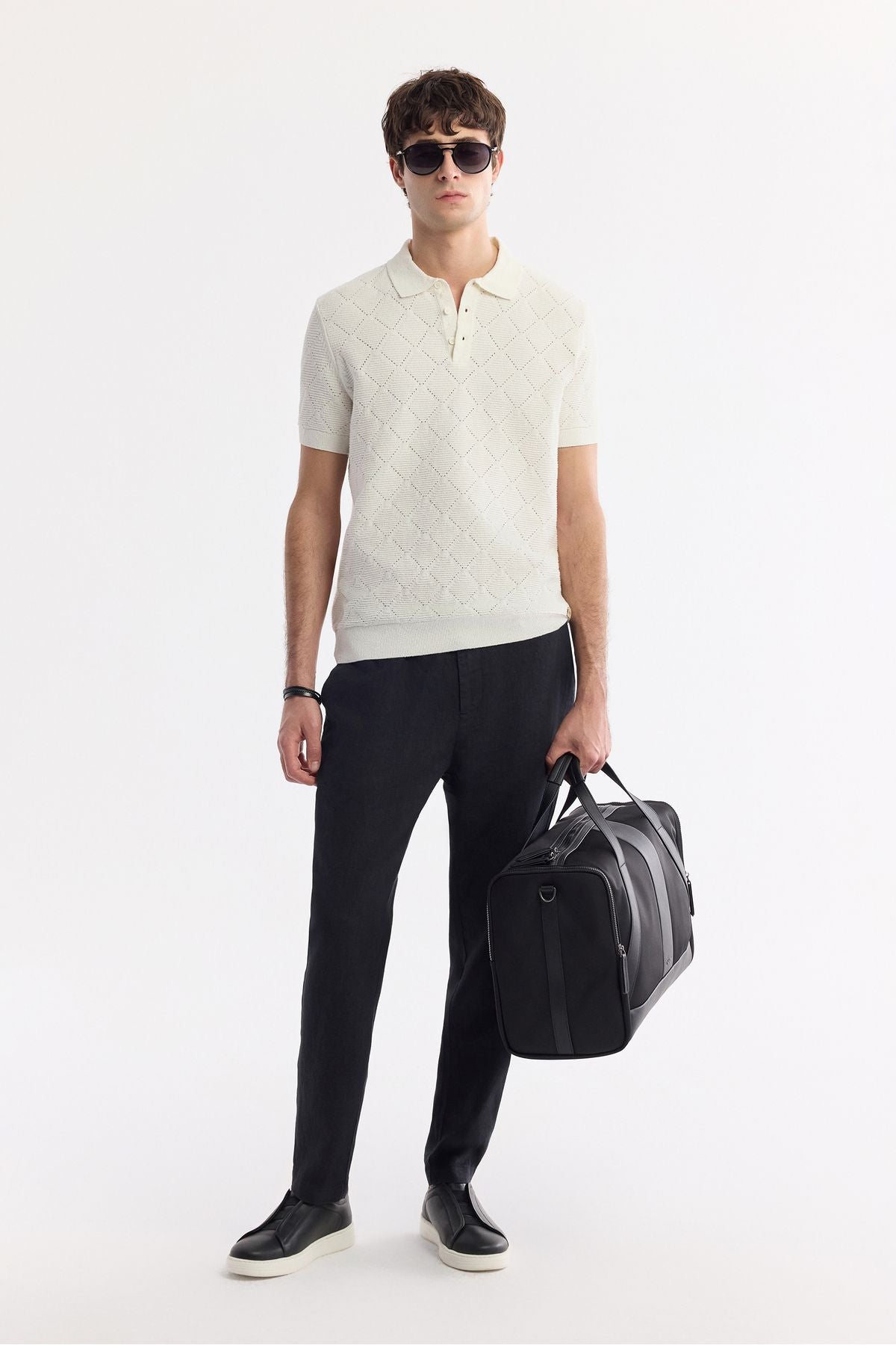 Male Ecru Polo Yaka Jacquard Bouquet Yarn Triko T-shirt A51y5040
