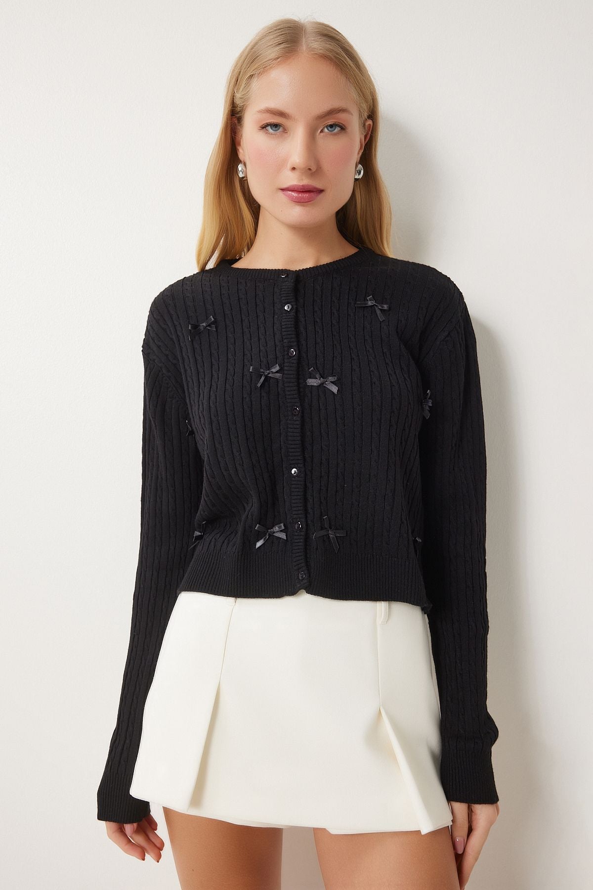 Women's black bow knit knitwear cardigan PF00102